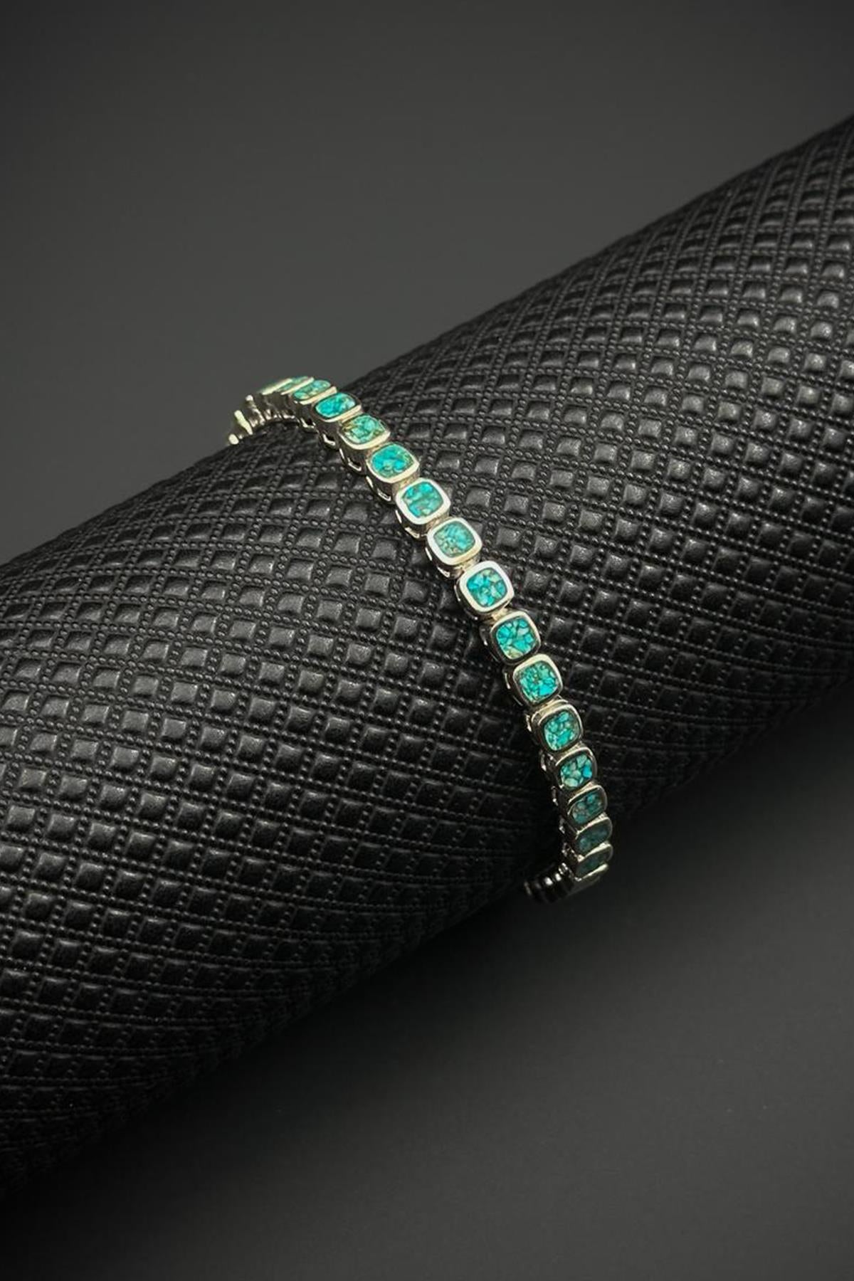 FRNCH 925 Ayar Gümüş Turkuaz Doğal Taşlı Gümüş Renk Erkek Bileklik FRJ12678-3678-M