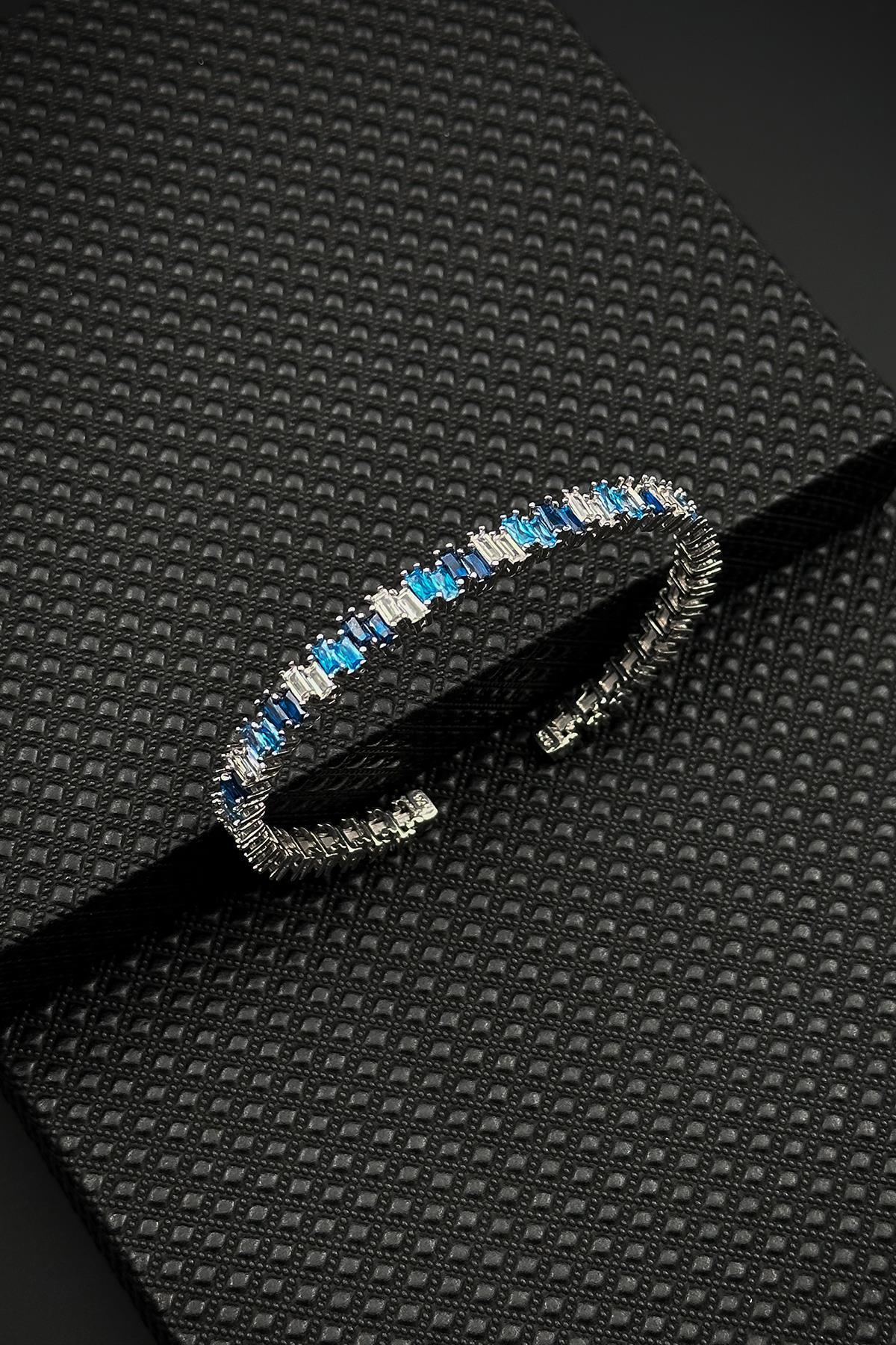 FRNCH 925 Ayar Gümüş Turkuaz-Lacivert Zirkon Taşlı Gümüş Renkli Erkek Bileklik FRJ12625-3625-LM