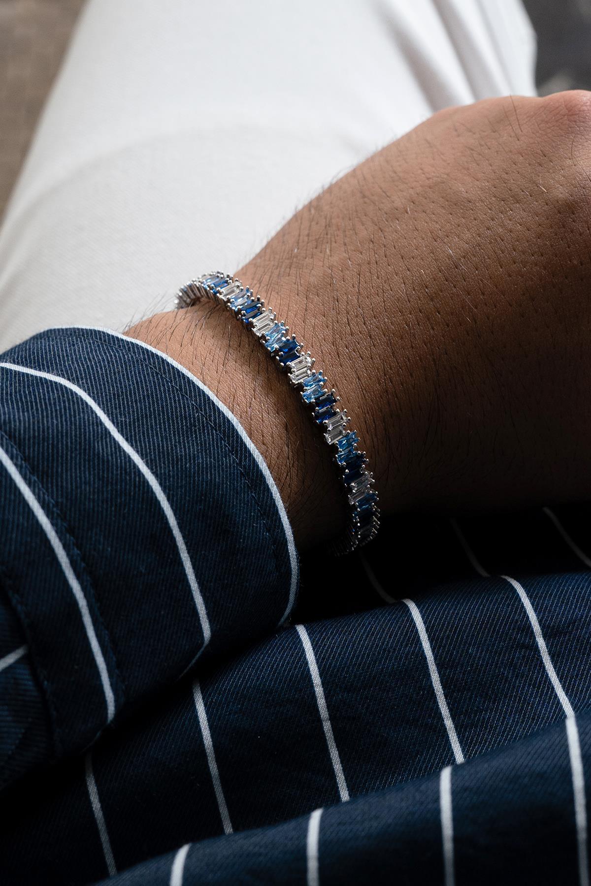 FRNCH 925 Ayar Gümüş Turkuaz-Lacivert Zirkon Taşlı Gümüş Renkli Erkek Bileklik FRJ12625-3625-LM