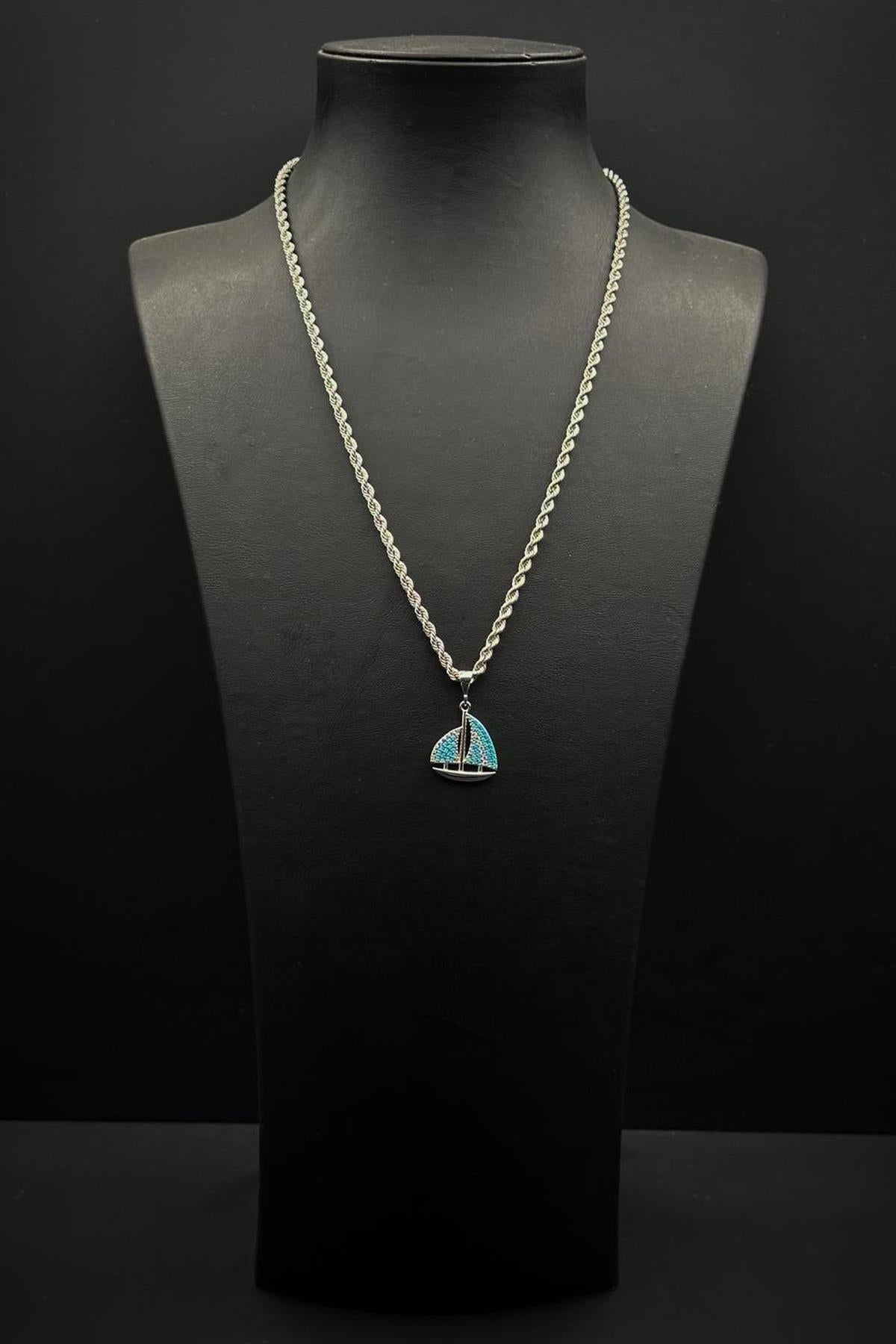 FRNCH 925 Ayar Gümüş Turkuaz Yelken Figürlü Gümüş Renk Erkek Kolye FRJ30936-1036-M