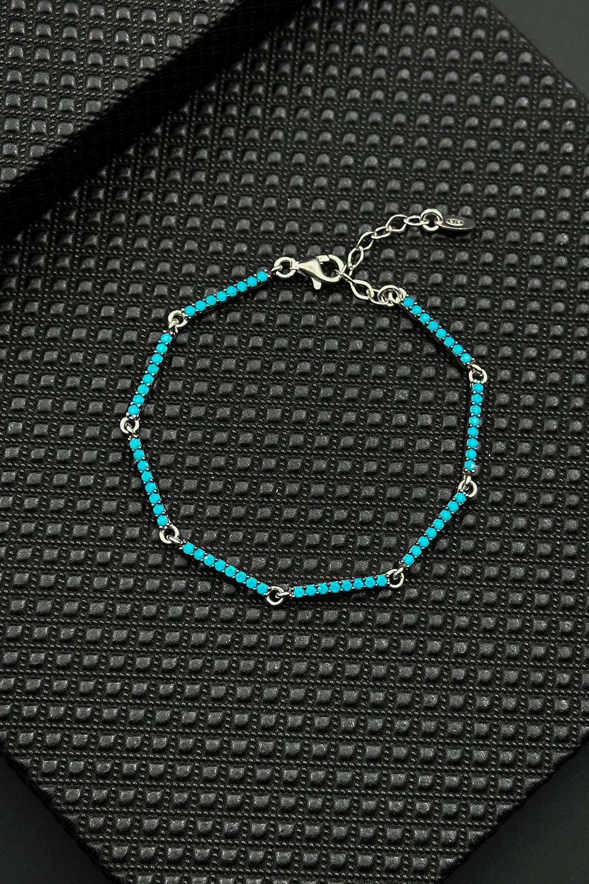 FRNCH 925 Ayar Gümüş Turkuaz Zirkon Taşlı Erkek Bileklik FRJ12593-3593-M