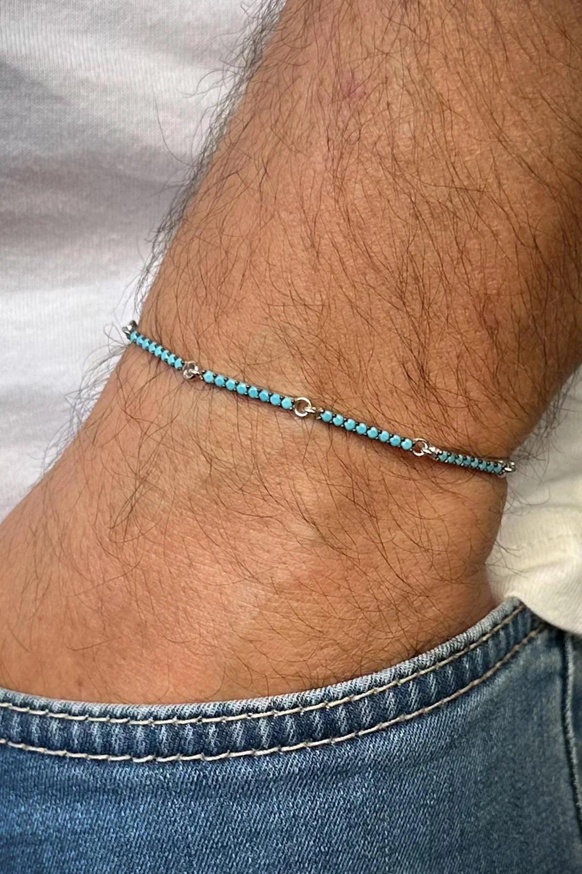 FRNCH 925 Ayar Gümüş Turkuaz Zirkon Taşlı Erkek Bileklik FRJ12593-3593-M