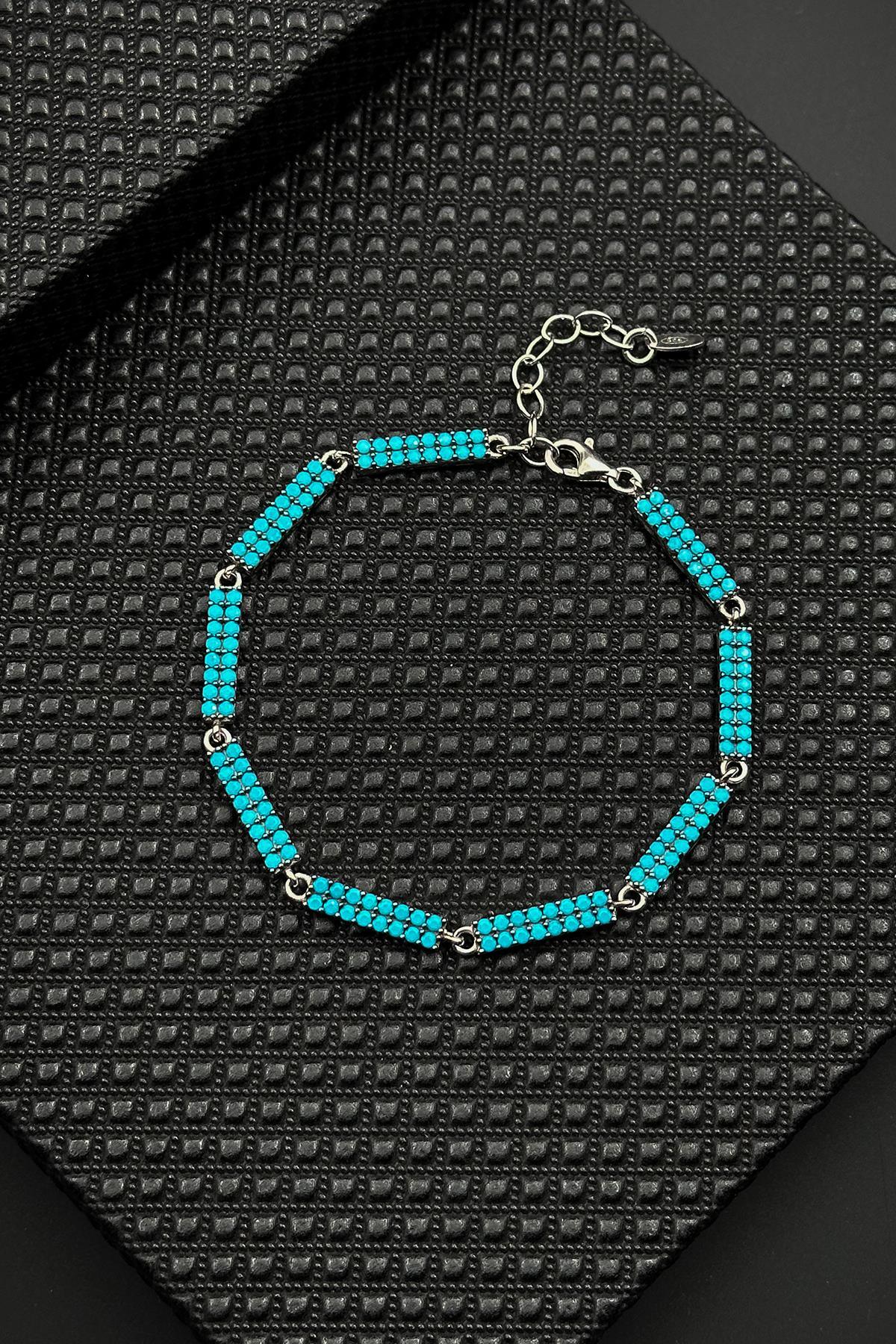 FRNCH 925 Ayar Gümüş Turkuaz Zirkon Taşlı Erkek Bileklik FRJ12594-3594-M