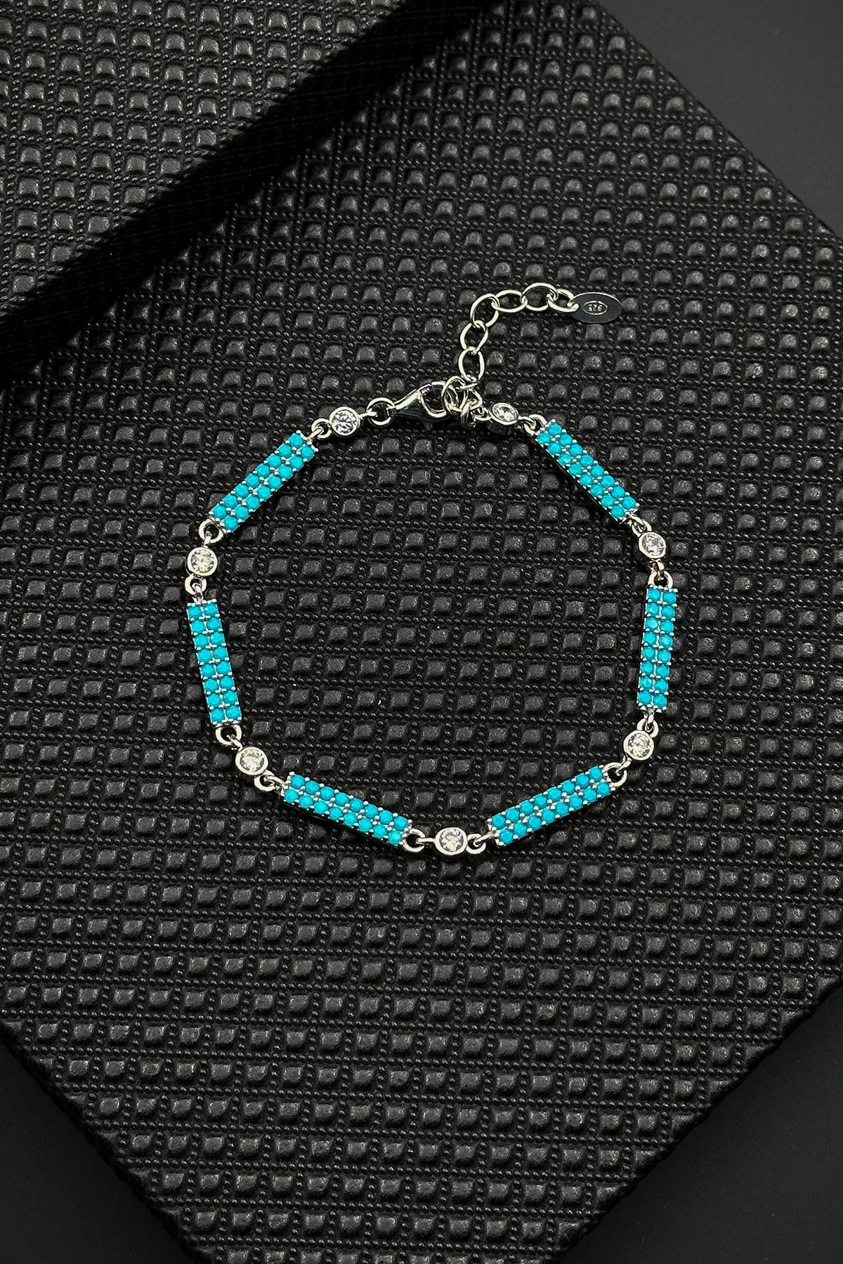 FRNCH 925 Ayar Gümüş Turkuaz Zirkon Taşlı Erkek Bileklik FRJ12595-3595-M