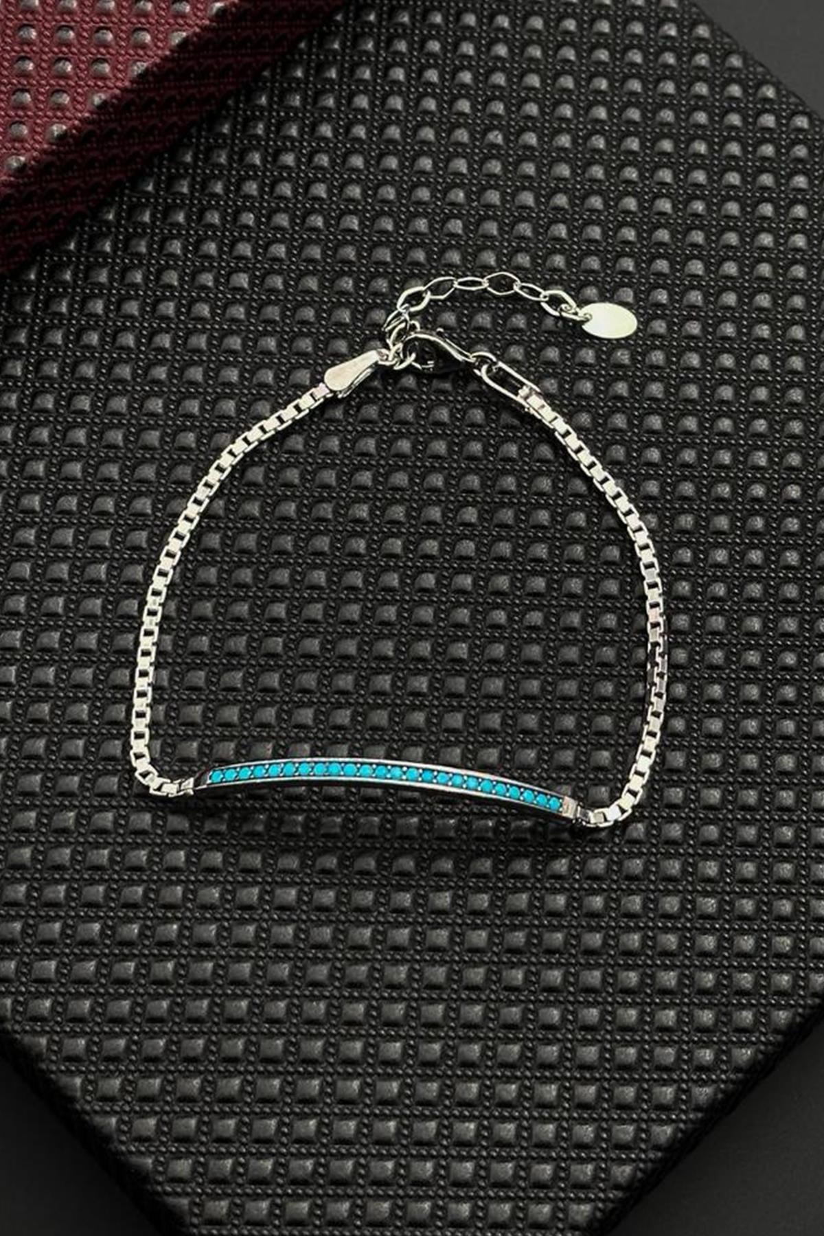 FRNCH 925 Ayar Gümüş Turkuaz Zirkon Taşlı Gümüş Renk Erkek Bileklik FRJ12652-3652-M