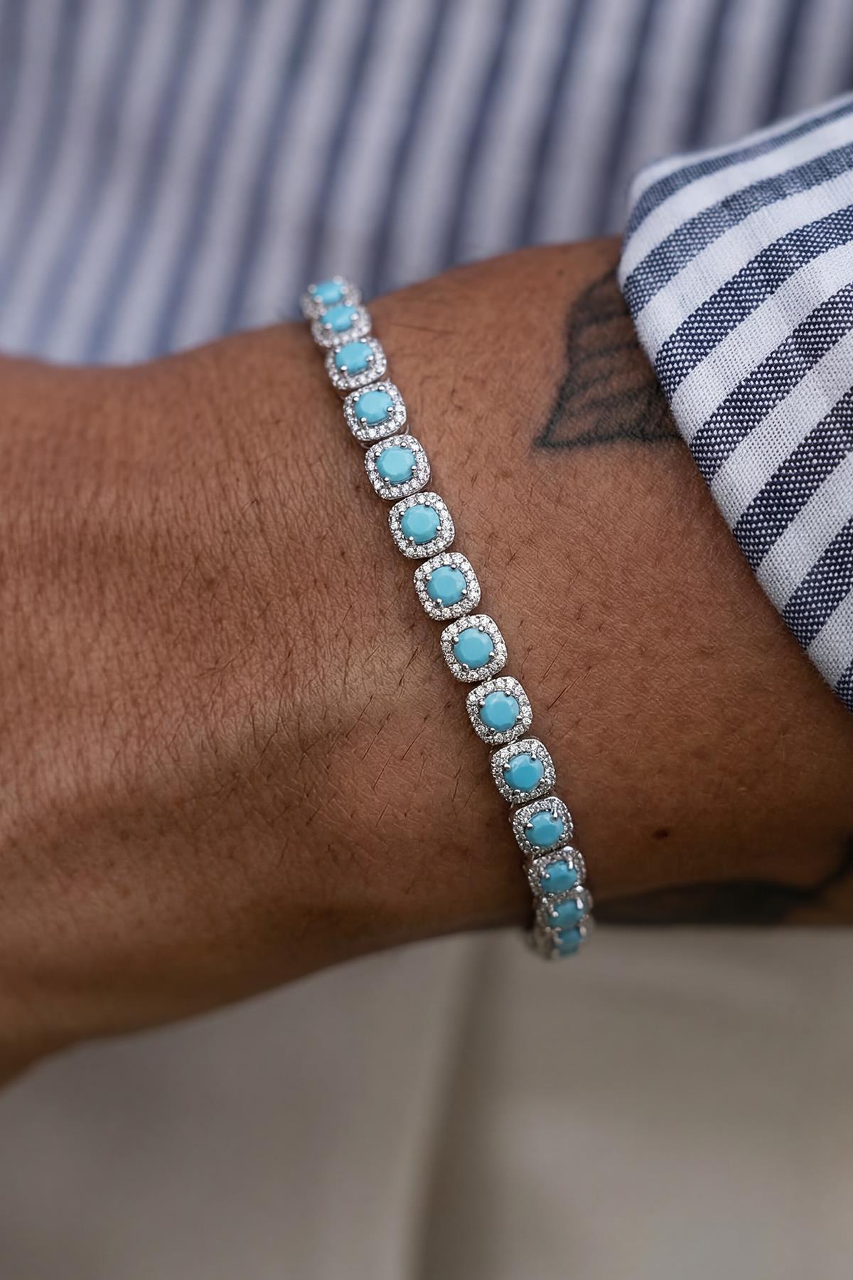 FRNCH 925 Ayar Gümüş Turkuaz Zirkon Taşlı Gümüş Renk Erkek Bileklik FRJ12896-3896-Y