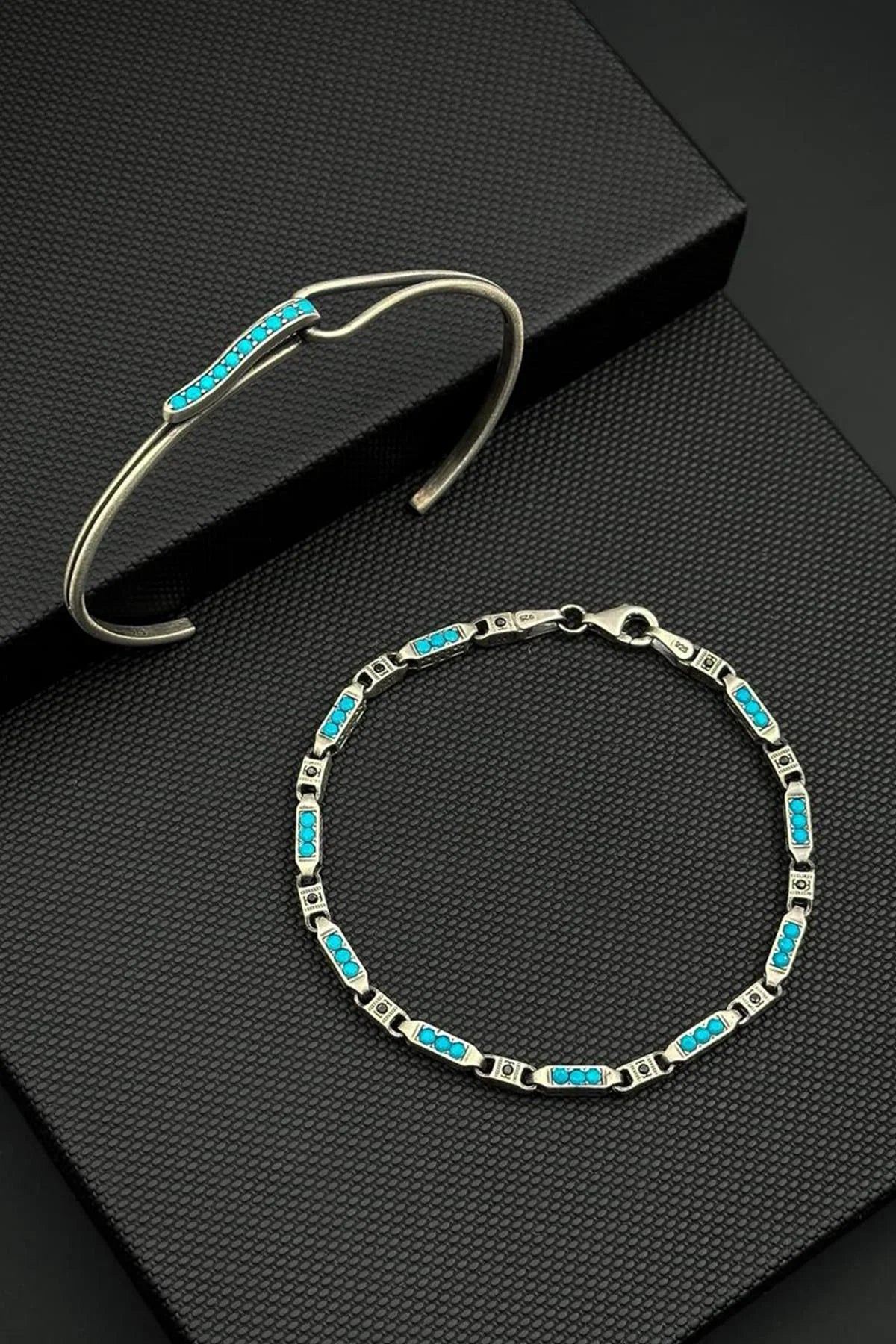 FRNCH 925 Ayar Gümüş Turkuaz Zirkon Taşlı Gümüş Renk Erkek Bileklik Set FRJ12790-3790-M