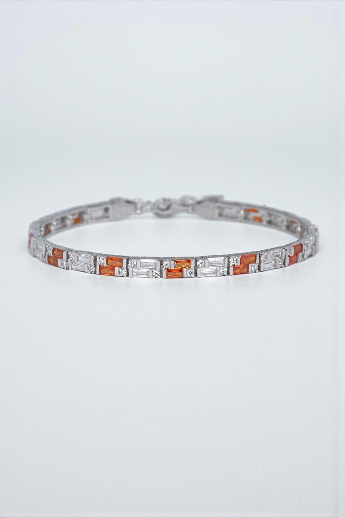 FRNCH 925 Ayar Gümüş Turuncu-Beyaz Renkli Zirkon Taşlı Tennis Erkek Bileklik FRJ11908-2008-AT
