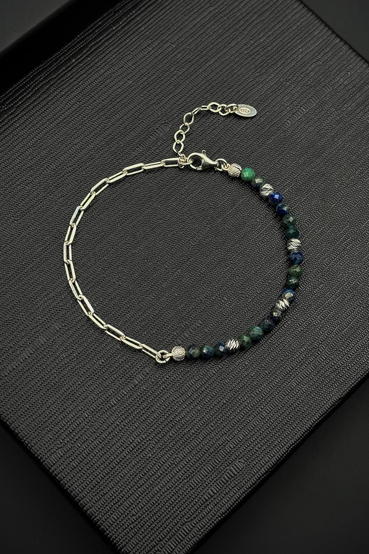 FRNCH 925 Ayar Gümüş ve Afrika Lapis Lazuli Doğal Taşlı Lacivert Renk Erkek Bileklik FRJ12456-3456-LY