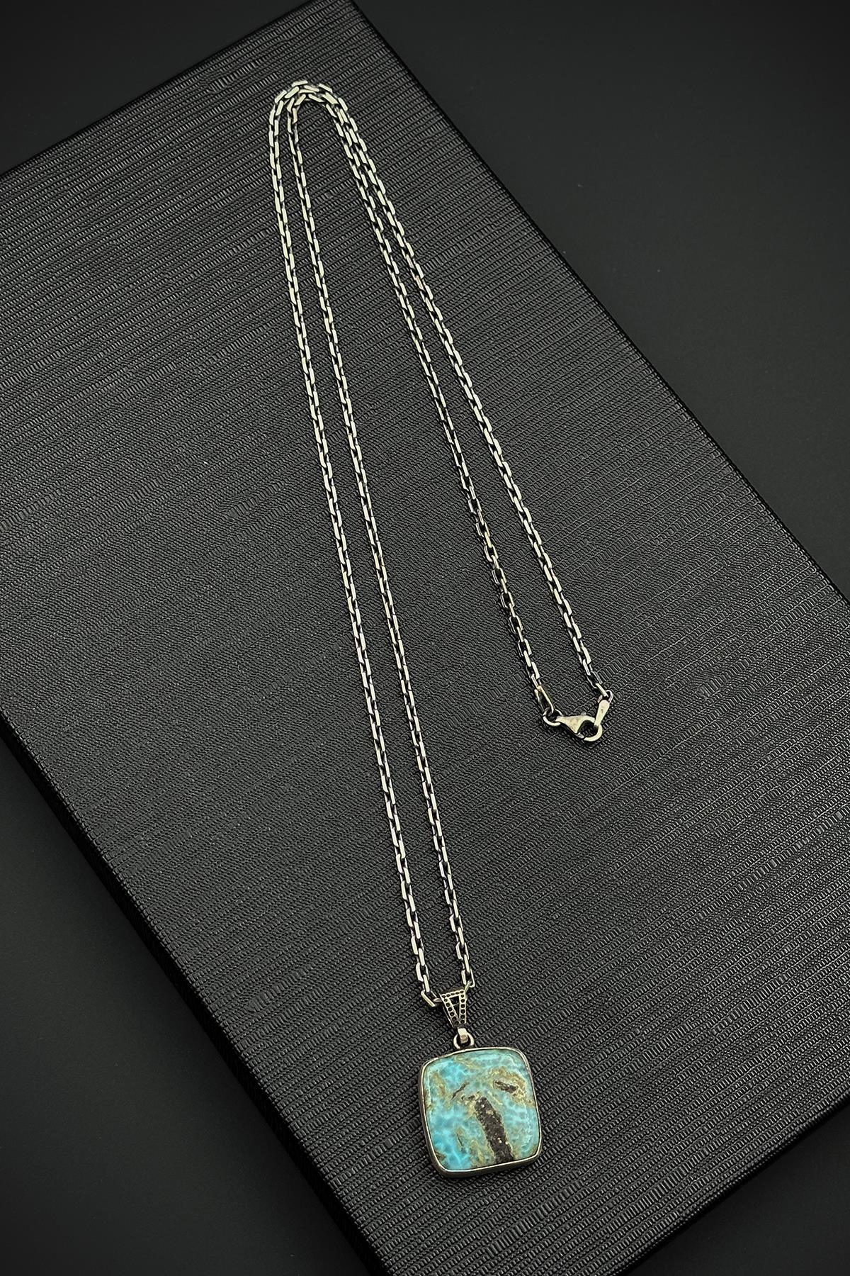 FRNCH 925 Ayar Gümüş ve Afrika Turkuazı Doğal Taşlı Turkuaz Renk Erkek Kolye FRJ30918-1018-M3