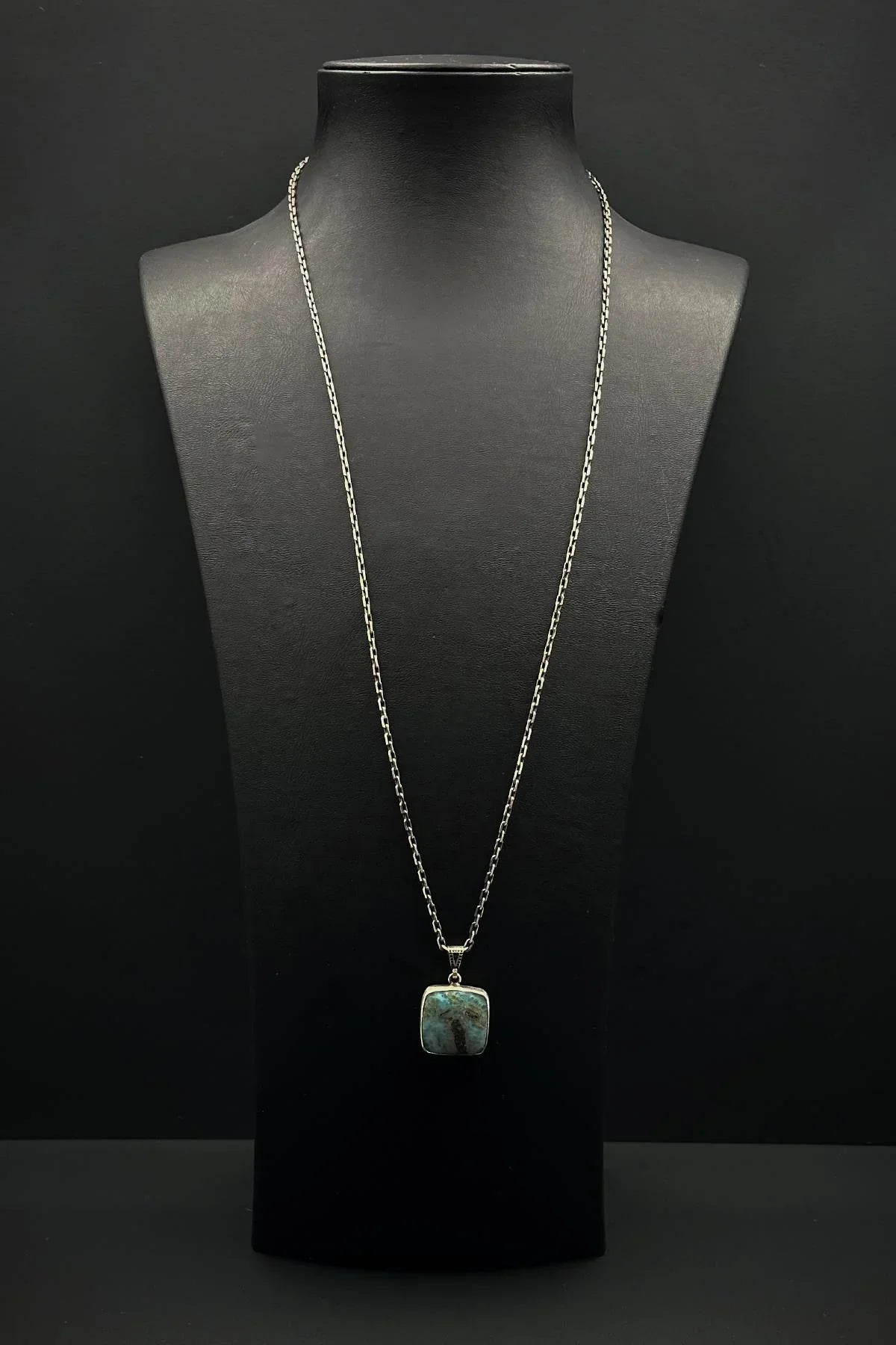 FRNCH 925 Ayar Gümüş ve Afrika Turkuazı Doğal Taşlı Turkuaz Renk Erkek Kolye FRJ30918-1018-M3