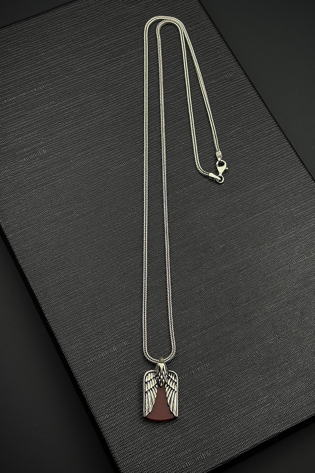 FRNCH 925 Ayar Gümüş ve Akik Doğal Taşlı Kahverengi Erkek Kolye FRJ30856-956-K