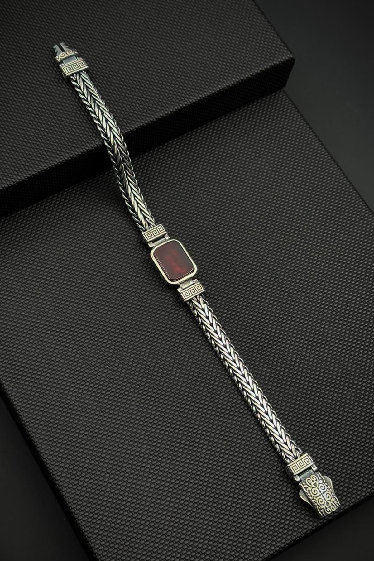 FRNCH 925 Ayar Gümüş ve Akik Doğal Taşlı Kırmızı Renk Erkek Bileklik FRJ12890-3890-K