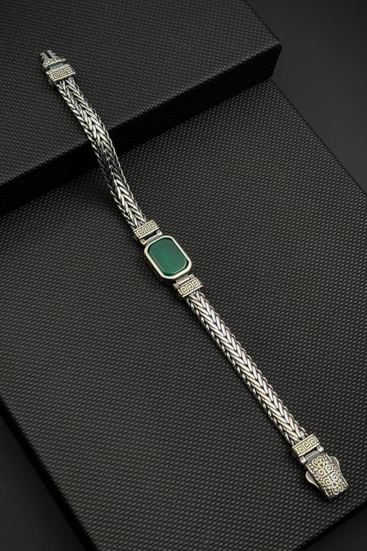 FRNCH 925 Ayar Gümüş ve Akik Doğal Taşlı Yeşil Renk Erkek Bileklik FRJ12890-3890-Y