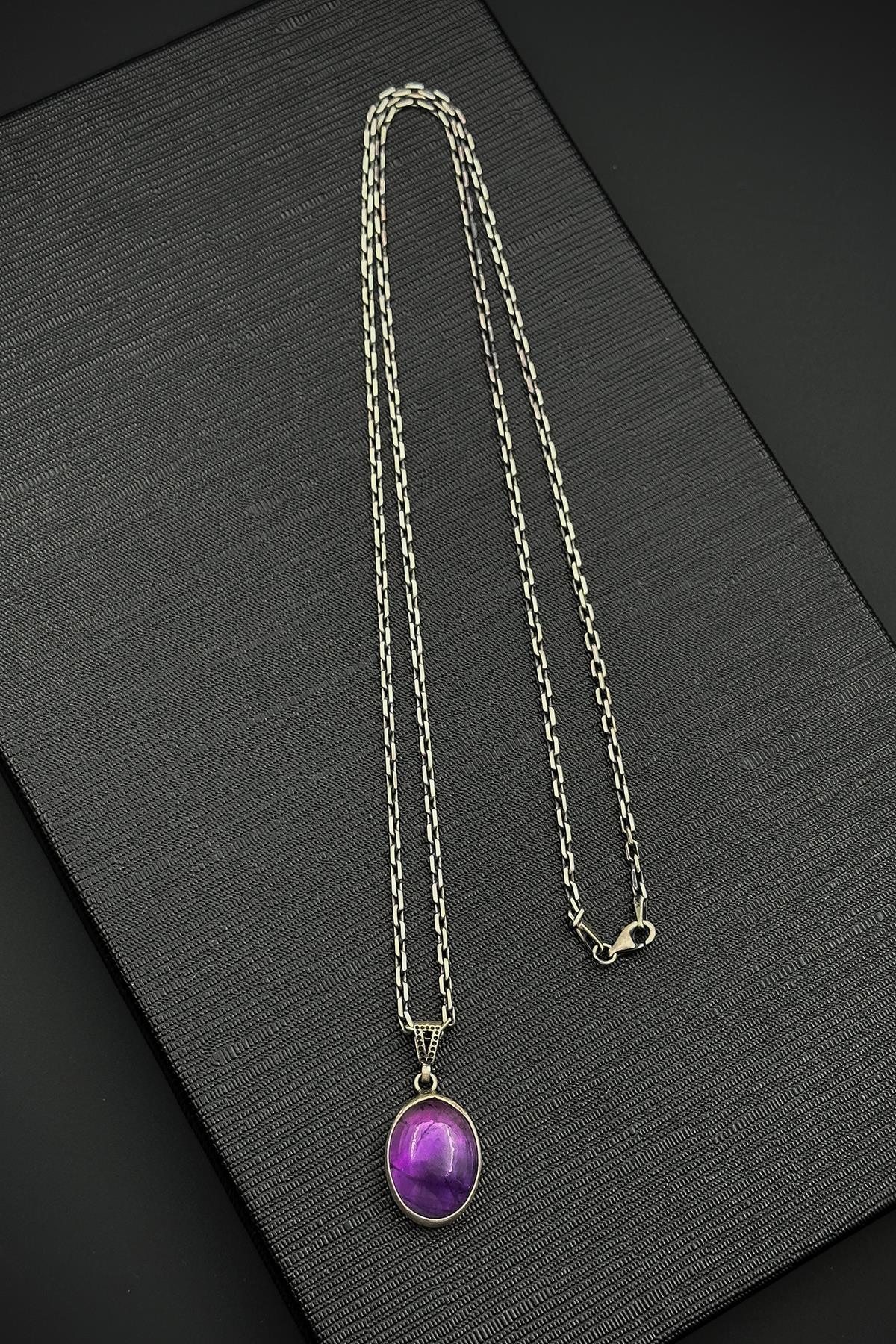 FRNCH 925 Ayar Gümüş ve Amatist Doğal Taşlı Pembe Renk Erkek Kolye FRJ30918-1018-P