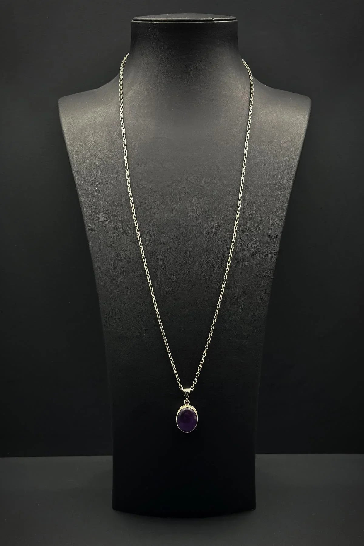 FRNCH 925 Ayar Gümüş ve Amatist Doğal Taşlı Pembe Renk Erkek Kolye FRJ30918-1018-P