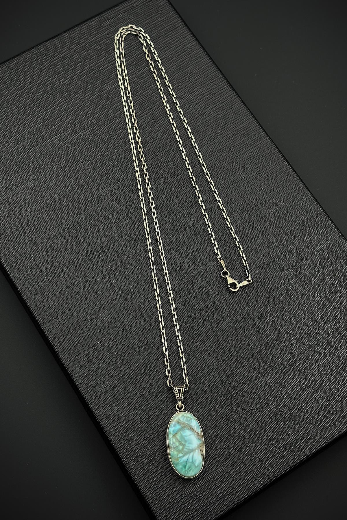 FRNCH 925 Ayar Gümüş ve Aqua Marine Doğal Taşlı Mavi Renk Erkek Kolye FRJ30918-1018-M