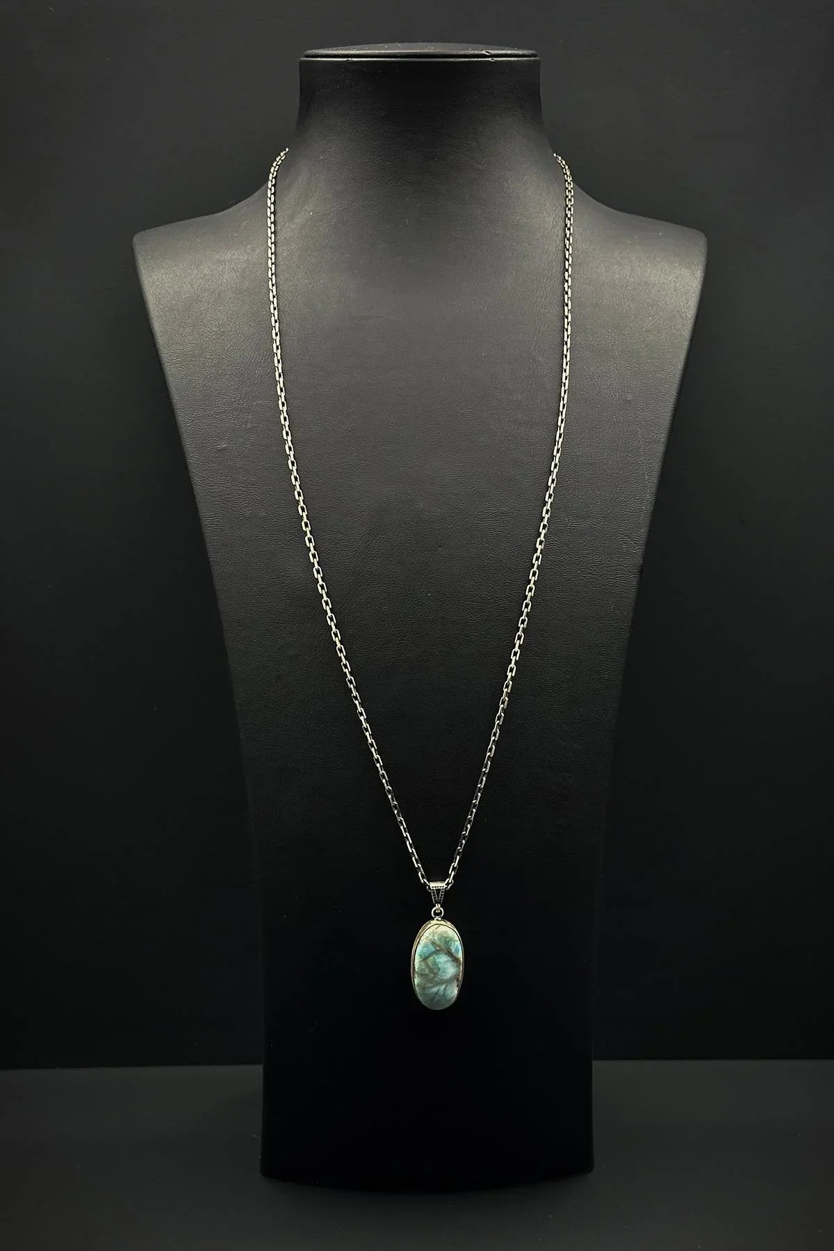 FRNCH 925 Ayar Gümüş ve Aqua Marine Doğal Taşlı Mavi Renk Erkek Kolye FRJ30918-1018-M