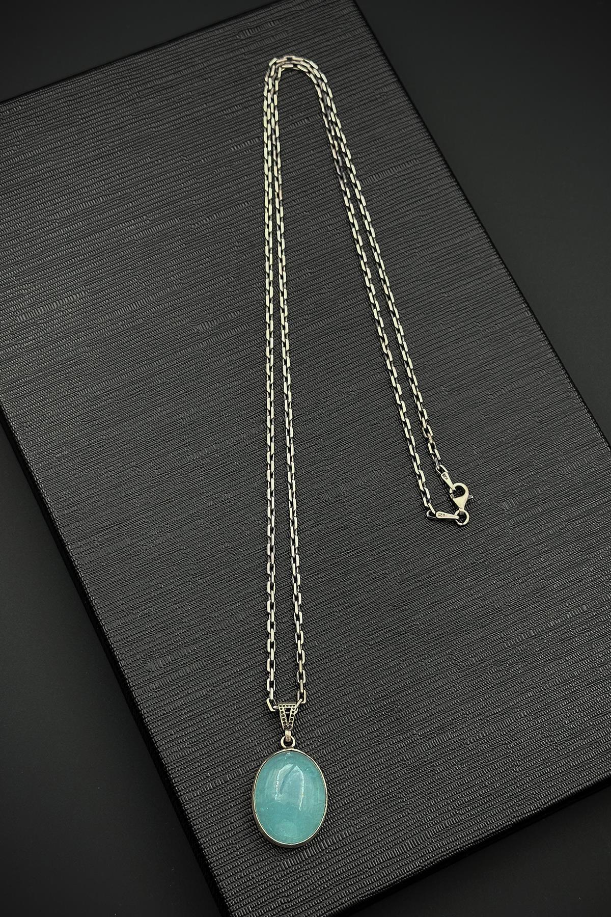 FRNCH 925 Ayar Gümüş ve Aqua Marine Doğal Taşlı Mavi Renk Erkek Kolye FRJ30918-1018-M2