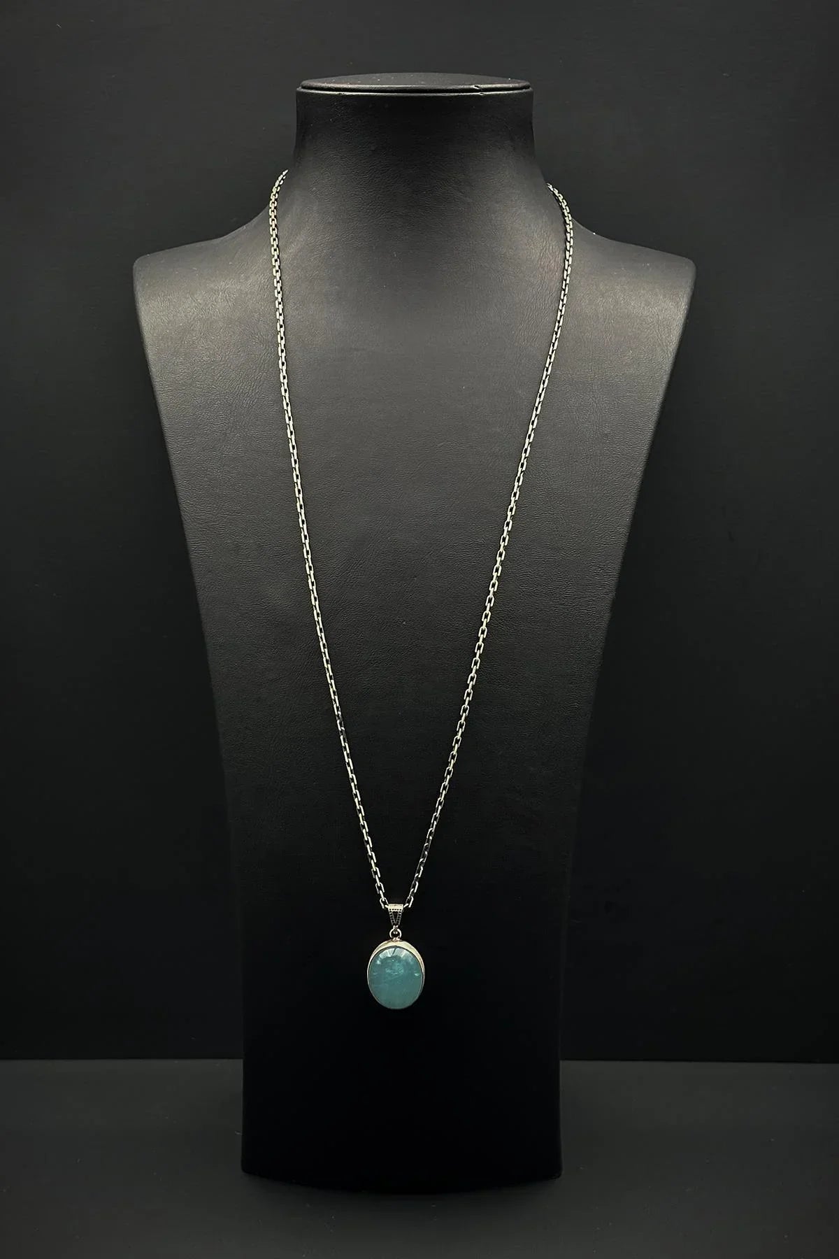 FRNCH 925 Ayar Gümüş ve Aqua Marine Doğal Taşlı Mavi Renk Erkek Kolye FRJ30918-1018-M2