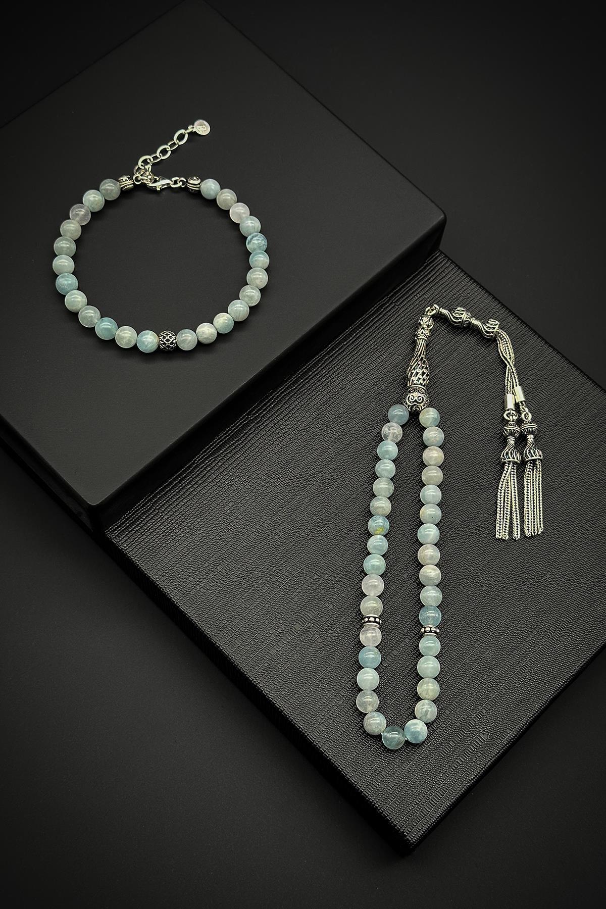 FRNCH 925 Ayar Gümüş ve Aqua Marine Doğal Taşlı Mavi Renk Tesbih/Bileklik Set FRJ80002-102-M2