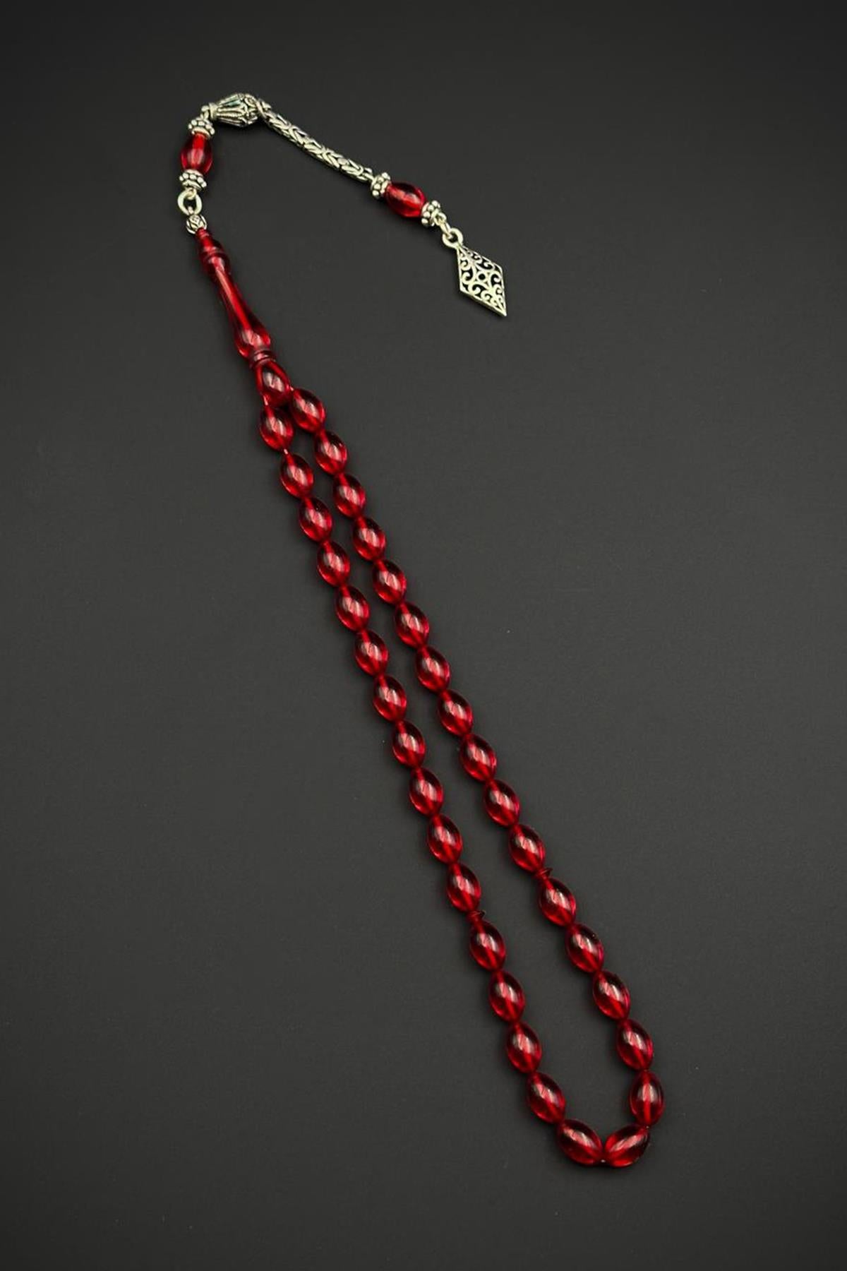 FRNCH 925 Ayar Gümüş ve Arpa Kesim Ateş Kehribar Kırmızı Renk Tesbih FRJ80006-106-K6