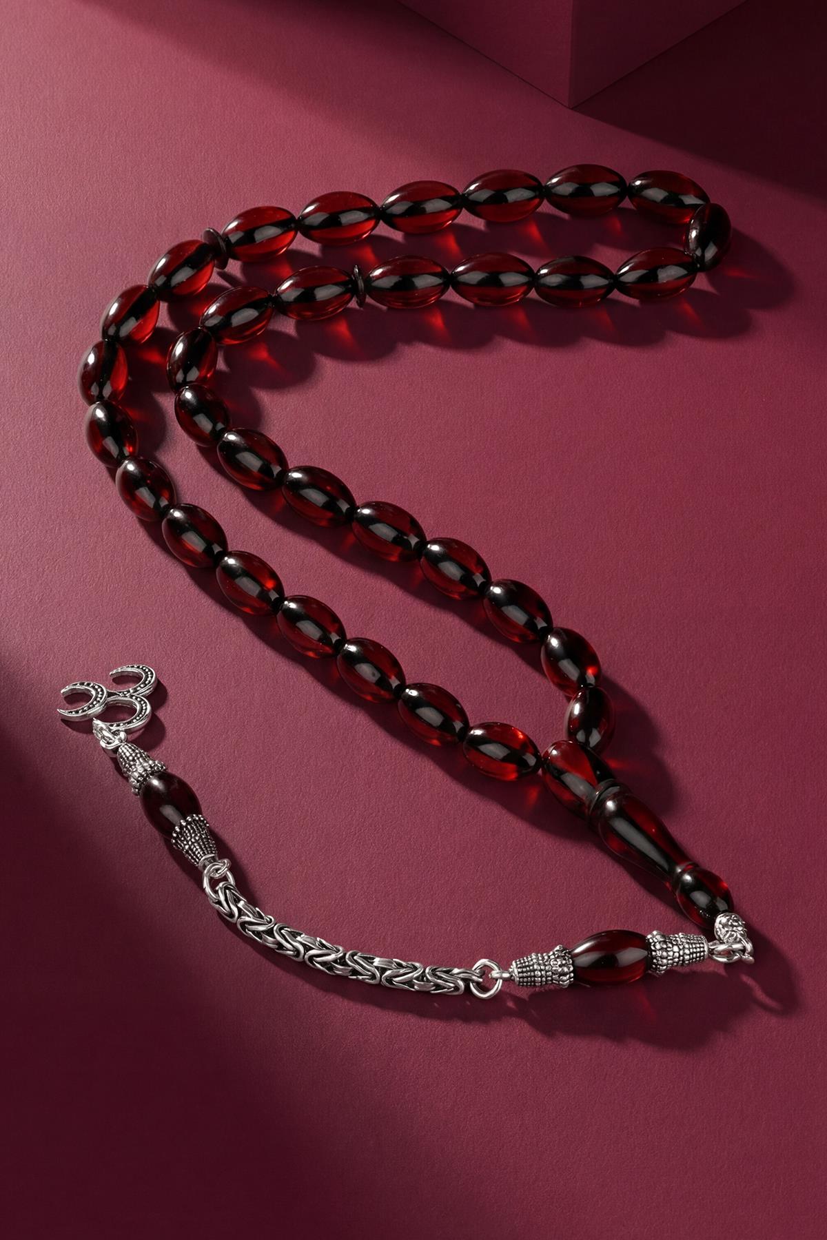 FRNCH 925 Ayar Gümüş ve Arpa Kesim Ateş Kehribar Kırmızı Renk Tesbih FRJ80006-106-K7