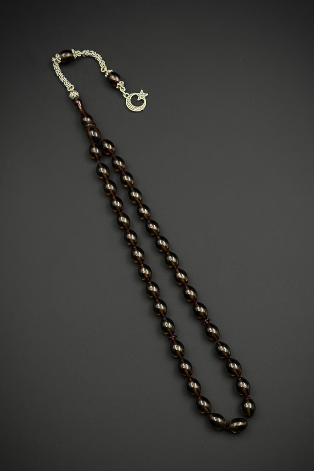 FRNCH 925 Ayar Gümüş ve Arpa Kesim Ateş Kehribar Yeşil Renk Tesbih FRJ80006-106-Y3