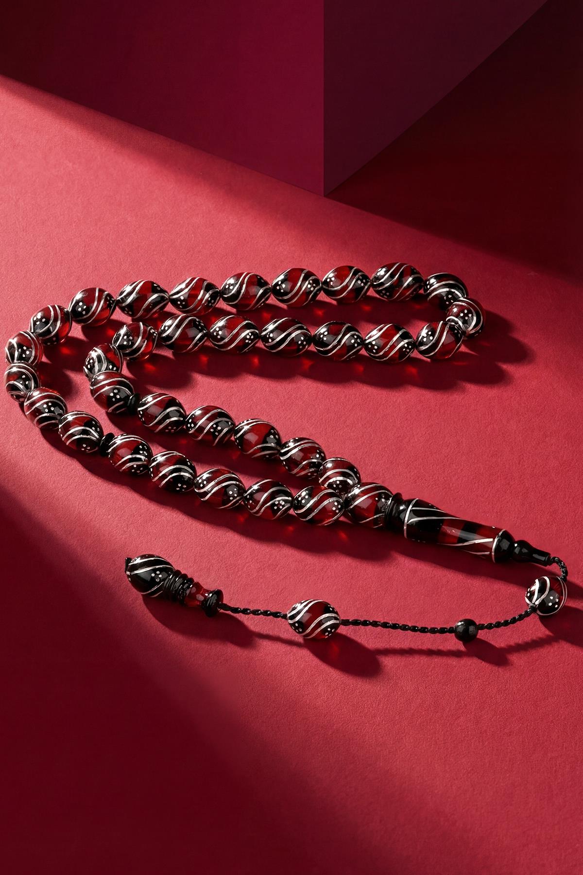 FRNCH 925 Ayar Gümüş ve Arpa Kesim Oltu Taşlı Kırmızı Renk Tesbih FRJ80006-106-K4