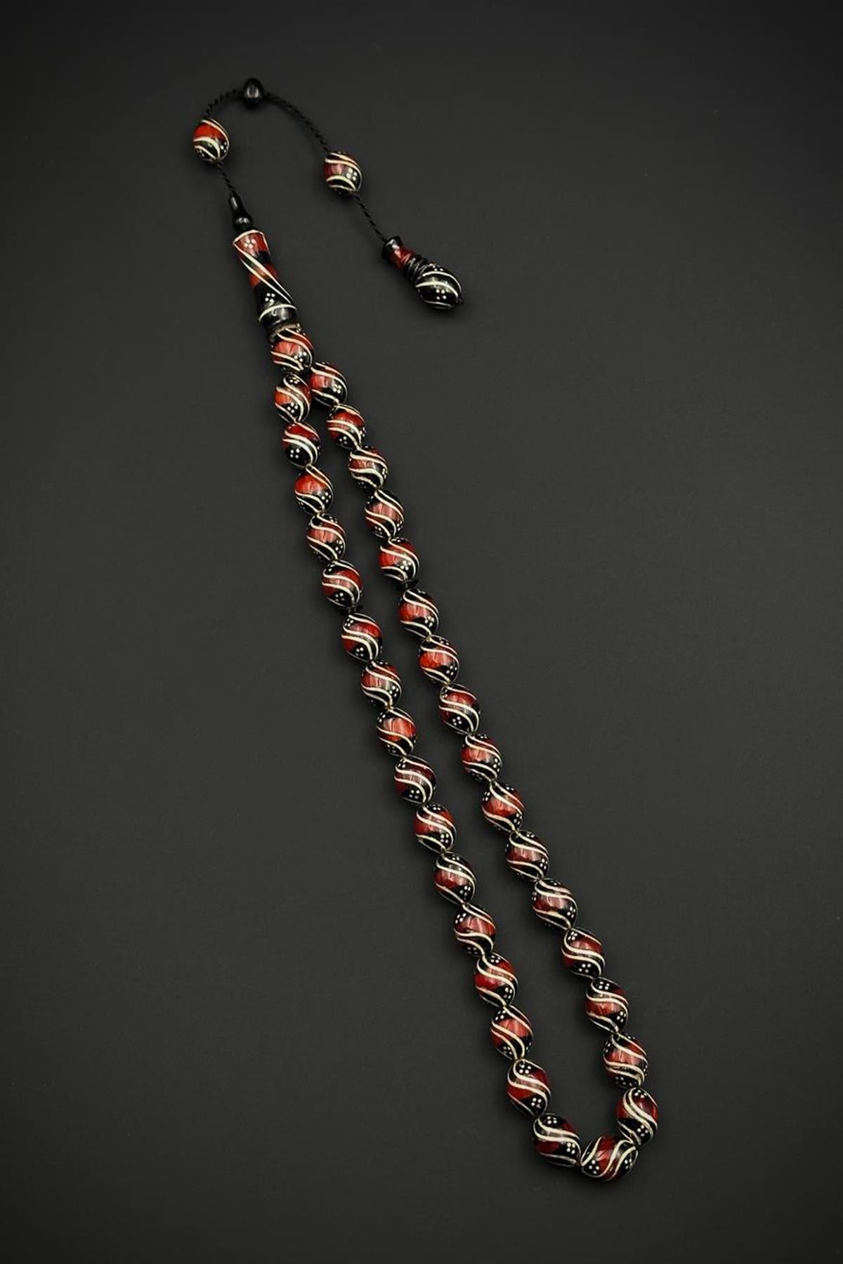 FRNCH 925 Ayar Gümüş ve Arpa Kesim Oltu Taşlı Kırmızı Renk Tesbih FRJ80006-106-K4