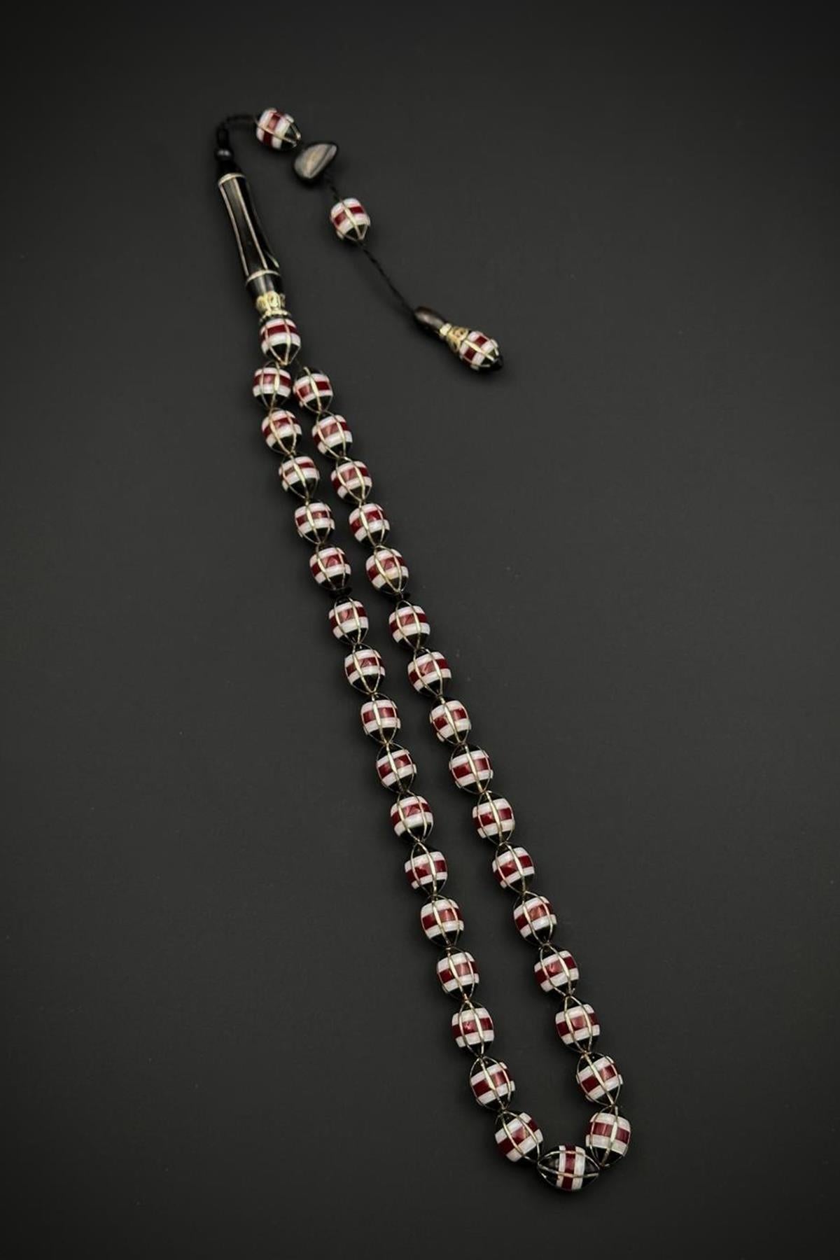 FRNCH 925 Ayar Gümüş ve Arpa Kesim Oltu Taşlı Kırmızı Renk Tesbih FRJ80006-106-K8