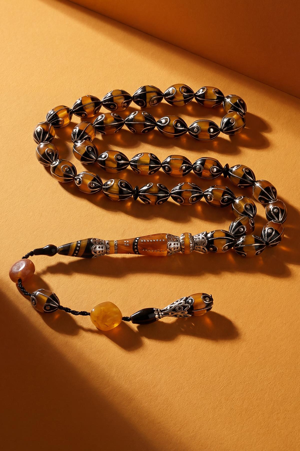 FRNCH 925 Ayar Gümüş ve Arpa Kesim Oltu Taşlı Turuncu Renk Tesbih FRJ80006-106-T