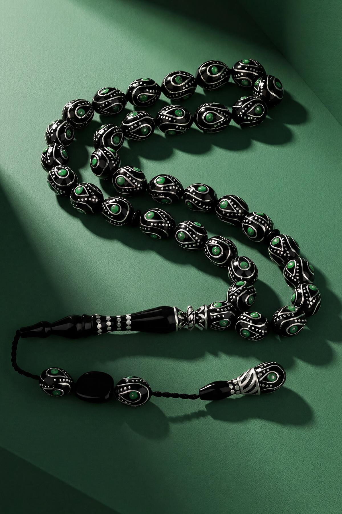 FRNCH 925 Ayar Gümüş ve Arpa Kesim Oltu Taşlı Yeşil Renk Tesbih FRJ80006-106-Y2