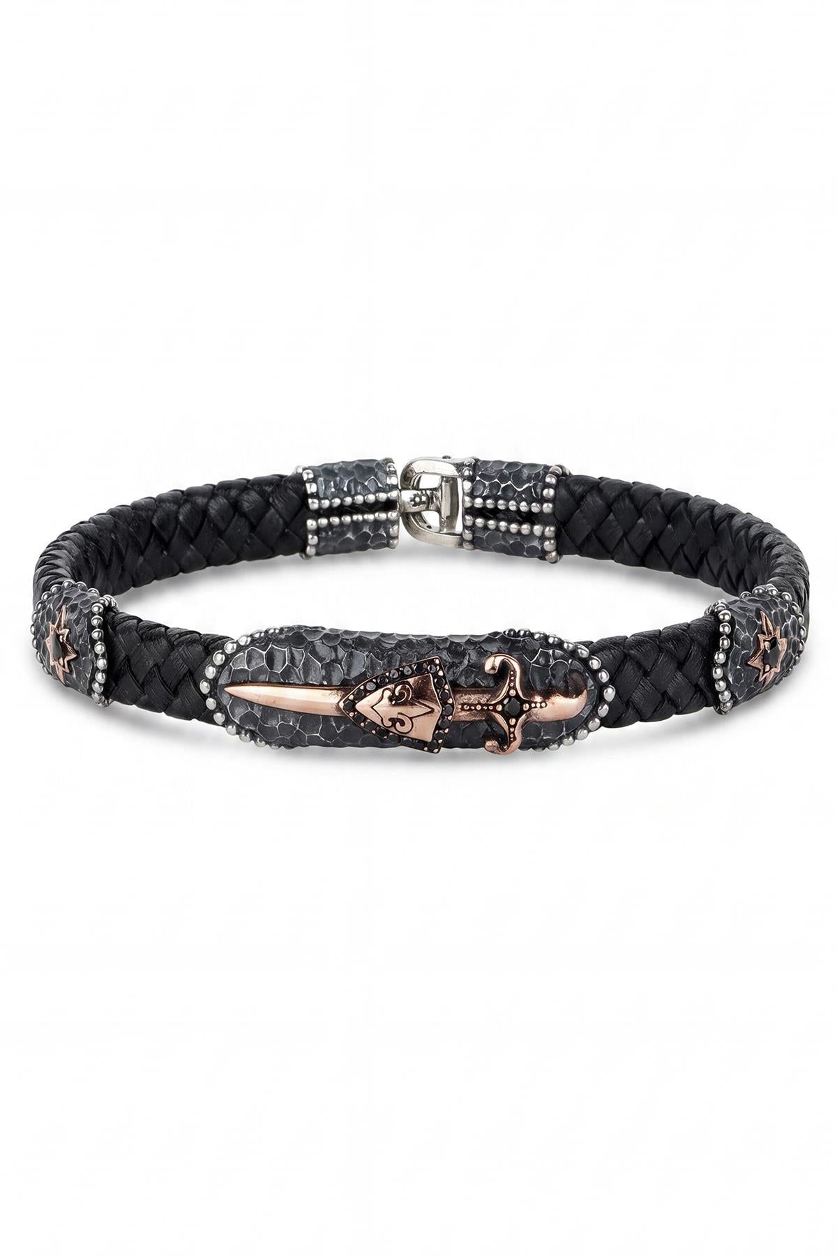 FRNCH 925 Ayar Gümüş ve Derili Kılıç Figürlü Siyah Renk Erkek Bileklik FRJ12931-3931-B2G