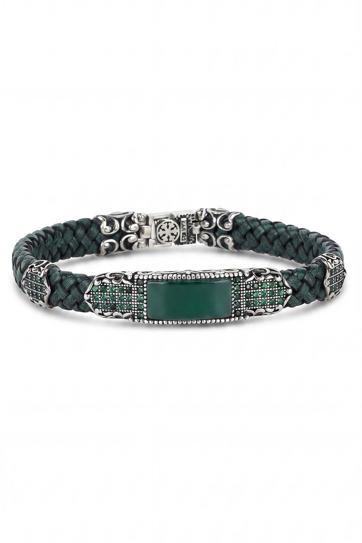 FRNCH 925 Ayar Gümüş ve Derili Yeşil Zirkon Taşlı Yeşil Renk Erkek Bileklik FRJ12925-3925-Y