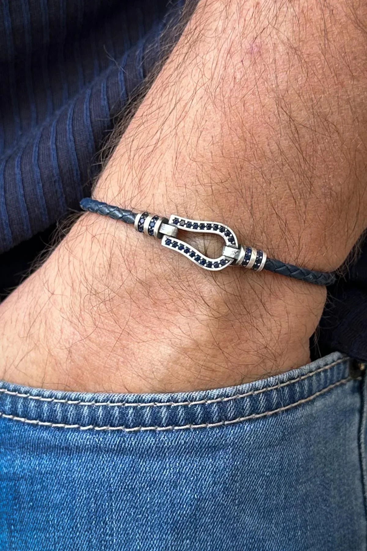 FRNCH 925 Ayar Gümüş ve Derili Zirkon Taşlı Lacivert Renk Erkek Bileklik FRJ12621-3621-L