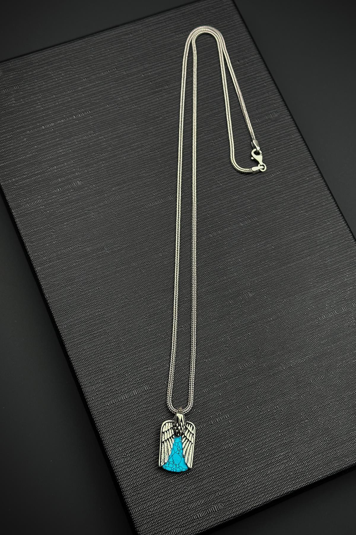 FRNCH 925 Ayar Gümüş ve Firuze Doğal Taşlı Turkuaz Renk Erkek Kolye FRJ30856-956-M