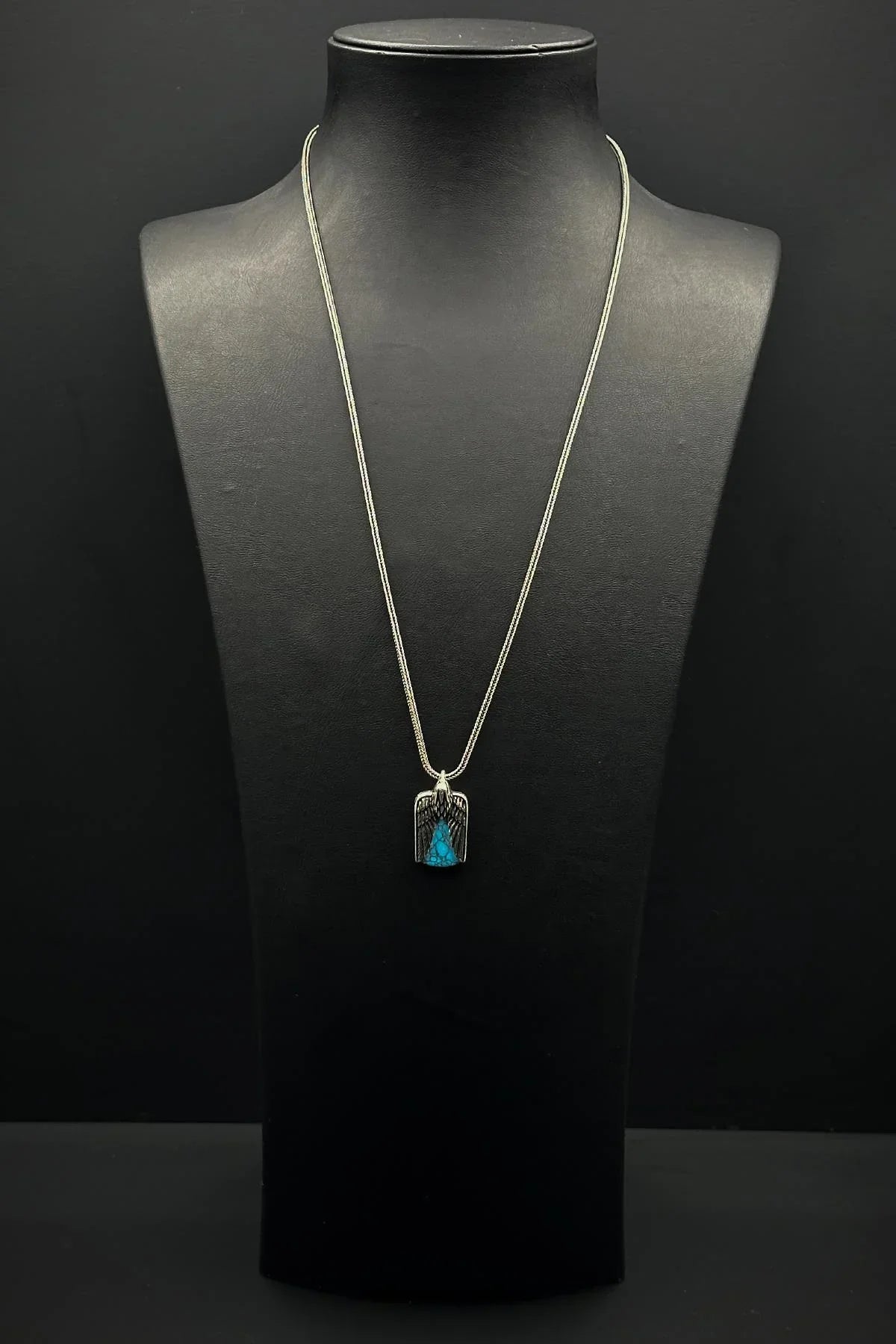 FRNCH 925 Ayar Gümüş ve Firuze Doğal Taşlı Turkuaz Renk Erkek Kolye FRJ30856-956-M