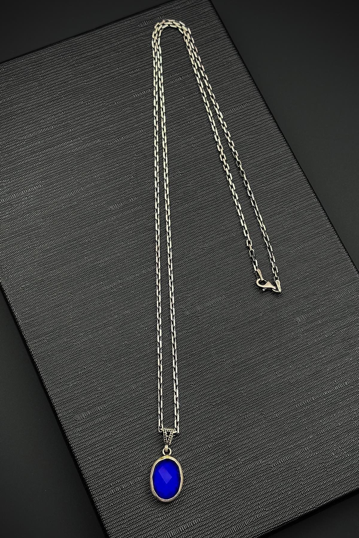 FRNCH 925 Ayar Gümüş ve His Doğal Taşlı Lacivert Renk Erkek Kolye FRJ30918-1018-L2