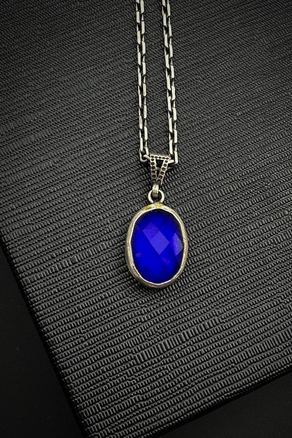 FRNCH 925 Ayar Gümüş ve His Doğal Taşlı Lacivert Renk Erkek Kolye FRJ30918-1018-L2