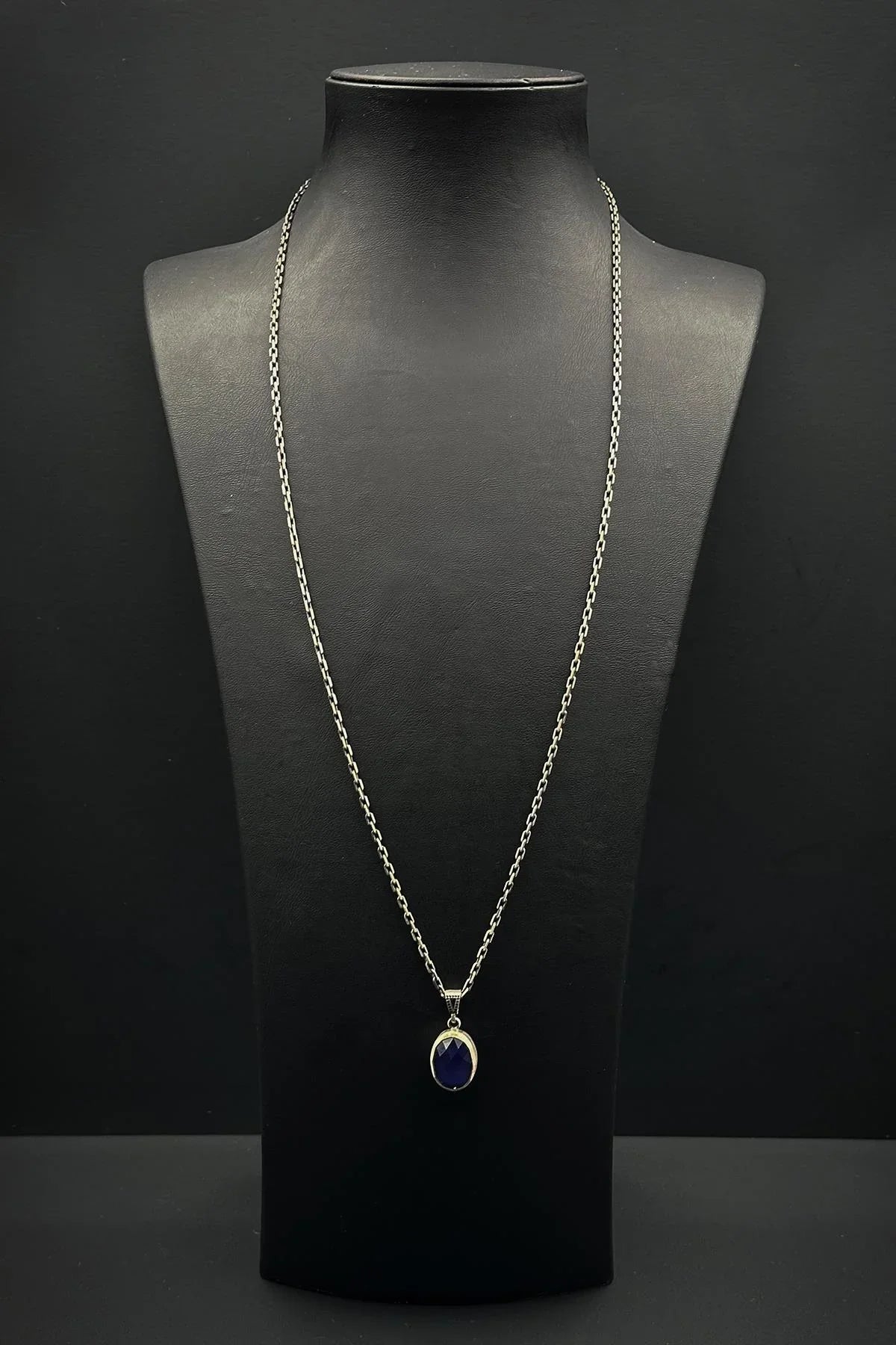 FRNCH 925 Ayar Gümüş ve His Doğal Taşlı Lacivert Renk Erkek Kolye FRJ30918-1018-L2