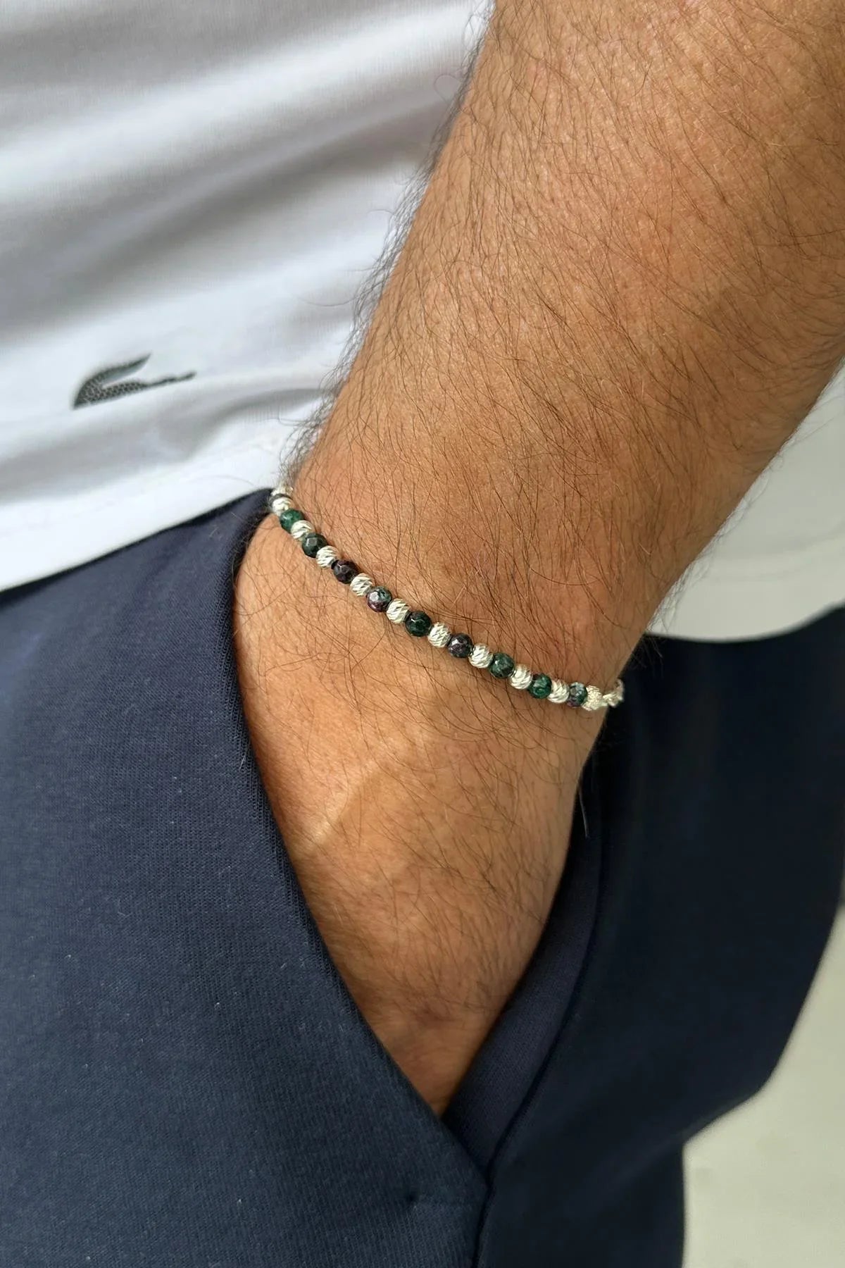 FRNCH 925 Ayar Gümüş ve Jade Doğal Taşlı Yeşil Renk Erkek Bileklik FRJ11990-2090-Y2