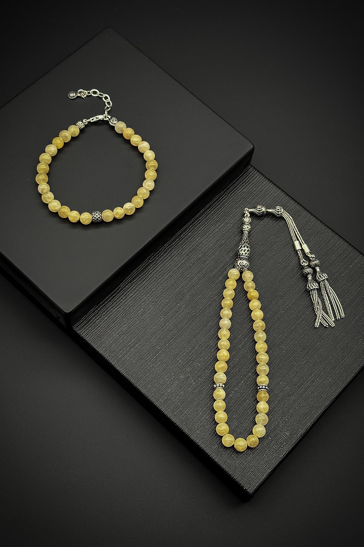 FRNCH 925 Ayar Gümüş ve Kalsit Doğal Taşlı Sarı Renk Tesbih/Bileklik Set FRJ80002-102-S2