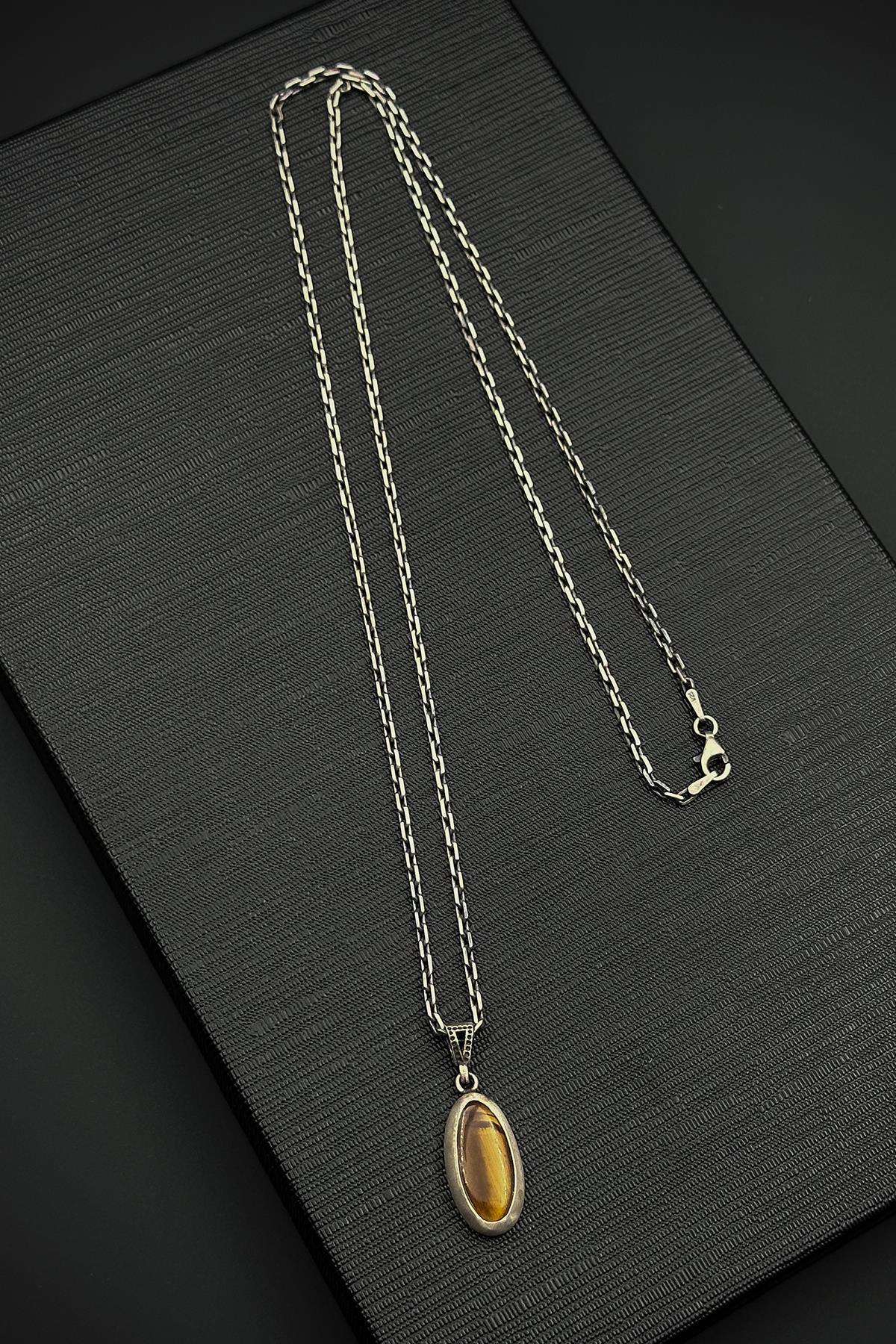 FRNCH 925 Ayar Gümüş ve Kaplan Gözü Doğal Taşlı Kahverengi Erkek Kolye FRJ30918-1018-K