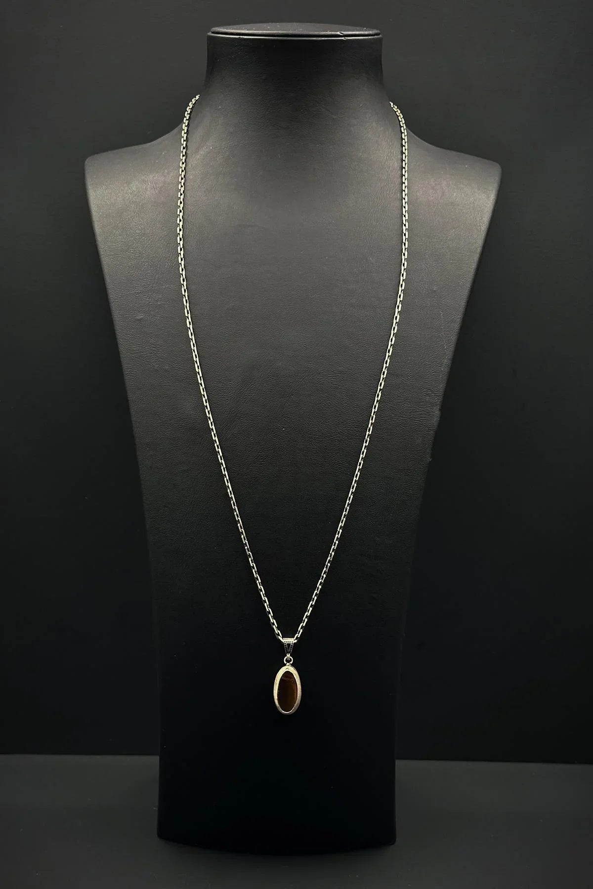 FRNCH 925 Ayar Gümüş ve Kaplan Gözü Doğal Taşlı Kahverengi Erkek Kolye FRJ30918-1018-K