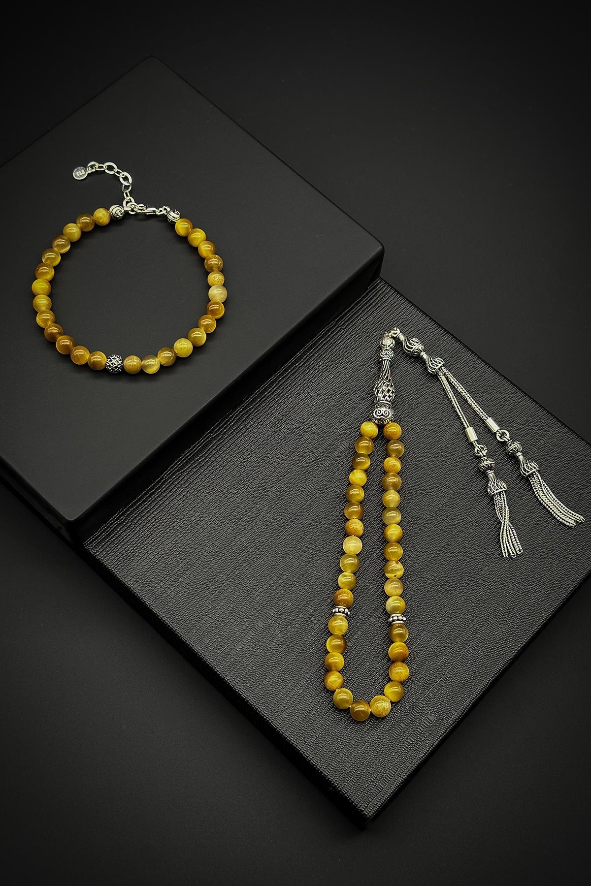 FRNCH 925 Ayar Gümüş ve Kaplan Gözü Doğal Taşlı Sarı Tesbih/Bilekli Set FRJ80002-102-S3