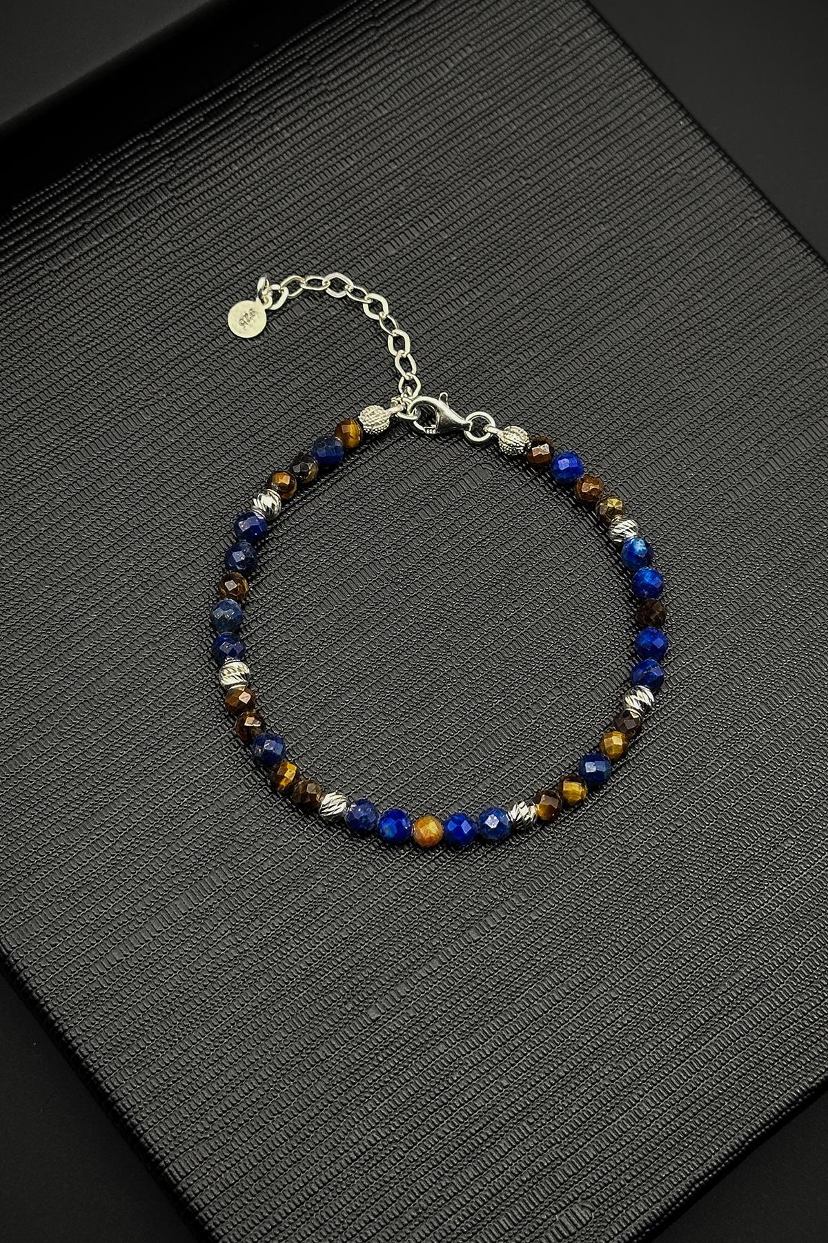 FRNCH 925 Ayar Gümüş ve Kaplan Gözü/Lapis Doğal Taşlı Kahverengi Erkek Bileklik FRJ12053-3053-LK