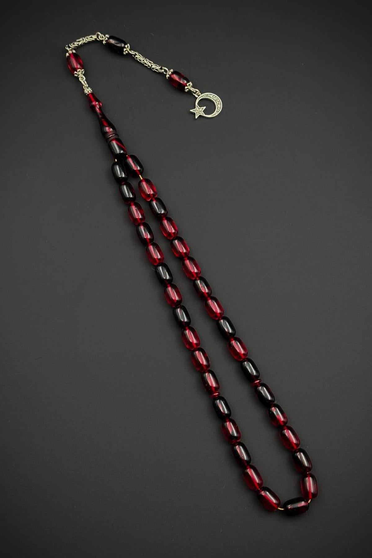 FRNCH 925 Ayar Gümüş ve Kapsül Kesim Ateş Kehribar Kırmızı Renk Tesbih FRJ80006-106-K2