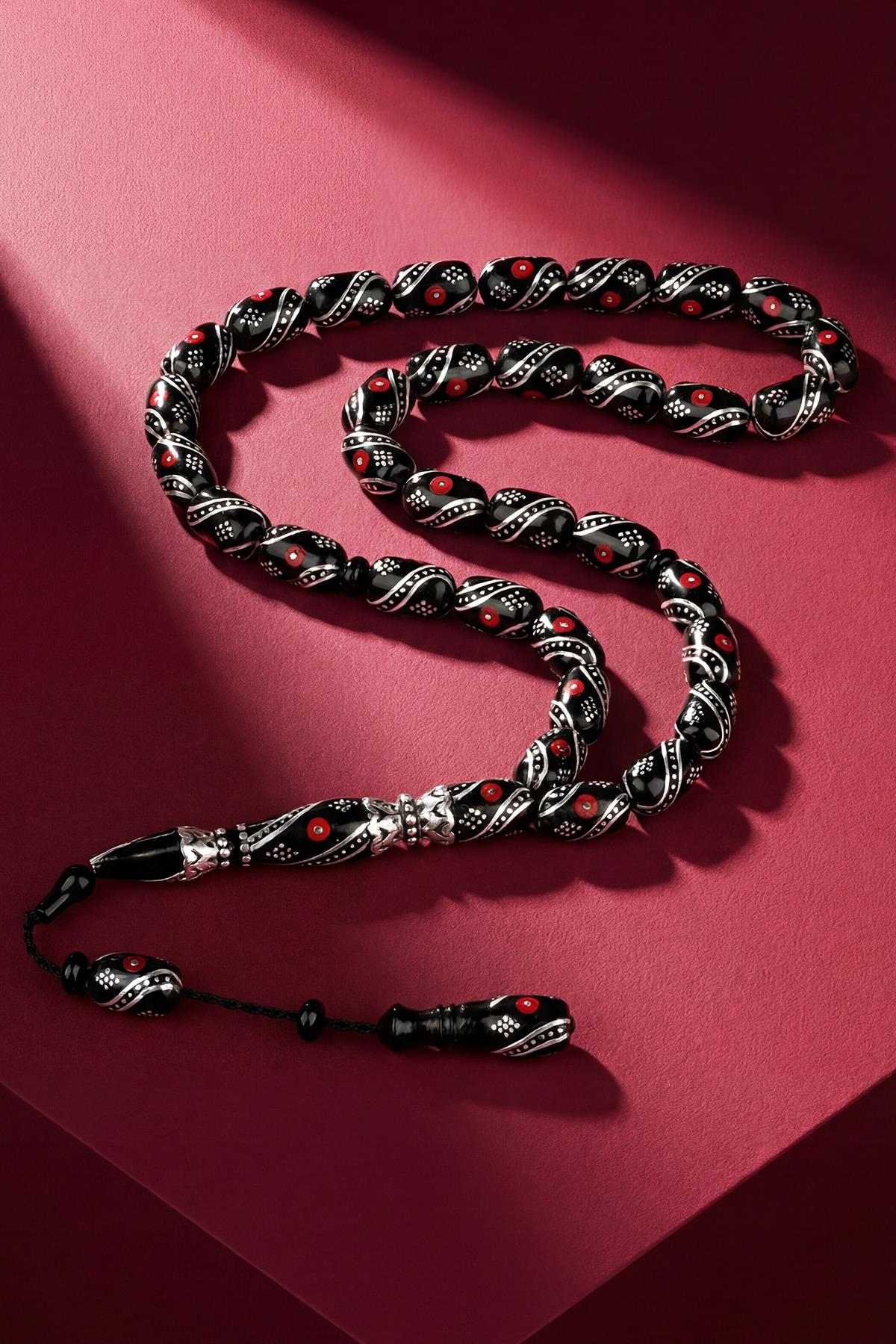 FRNCH 925 Ayar Gümüş ve Kapsül Kesim Oltu Taşlı Kırmızı Renk Tesbih FRJ80006-106-K3