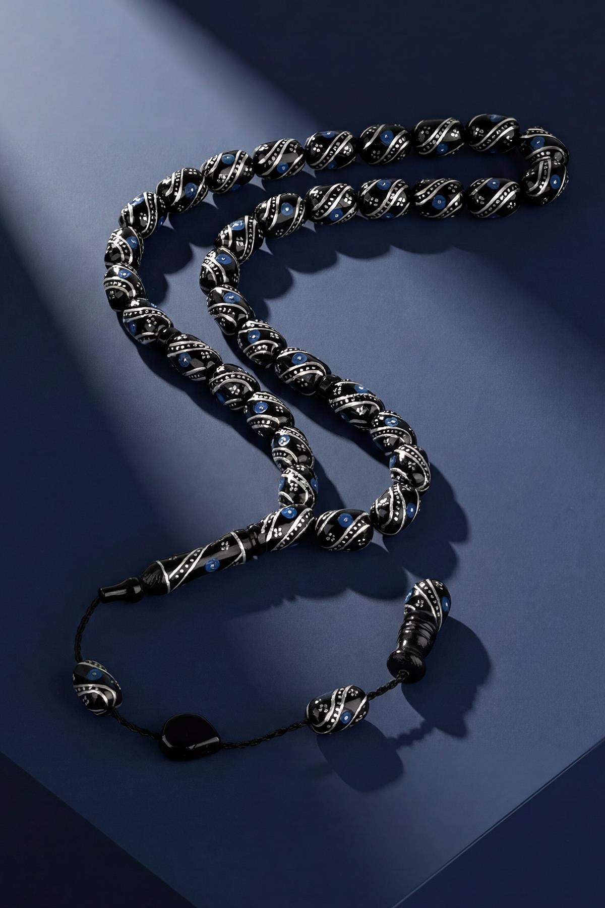 FRNCH 925 Ayar Gümüş ve Kapsül Kesim Oltu Taşlı Lacivert Renk Tesbih FRJ80006-106-L